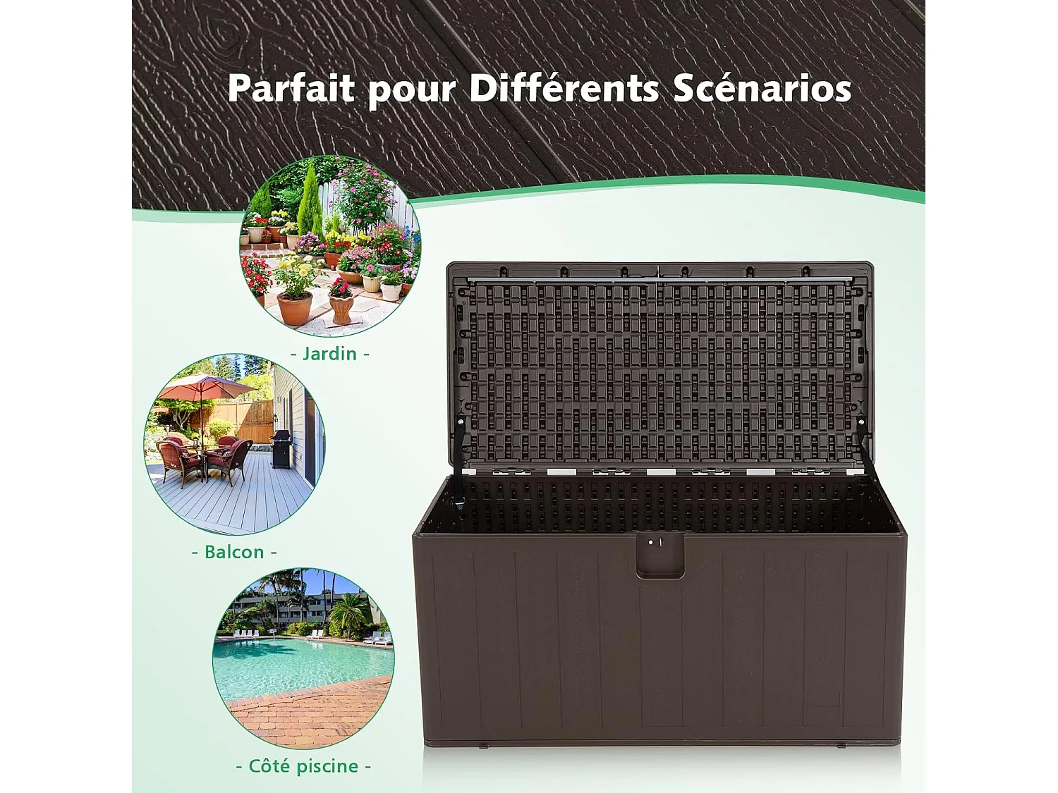 Coffre de Rangement Exterieur XXL 400L-127,5 x 64 x 64 CM avec Poignées Encastrée/Malle de Rangement de Jaridn Verrouillable pour Outils de Jardinage-Marron
