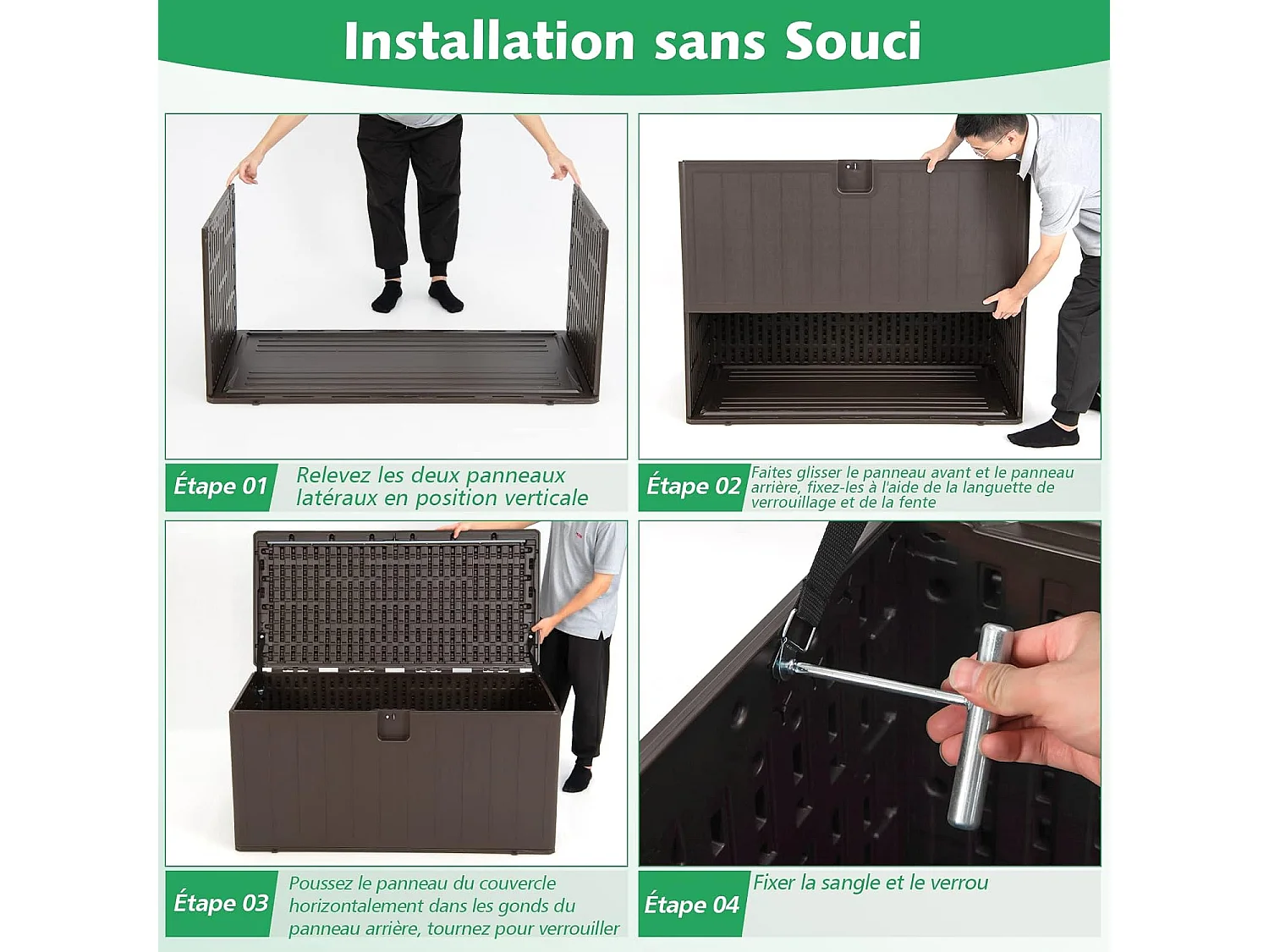 Coffre de Rangement Exterieur XXL 400L-127,5 x 64 x 64 CM avec Poignées Encastrée/Malle de Rangement de Jaridn Verrouillable pour Outils de Jardinage-Marron