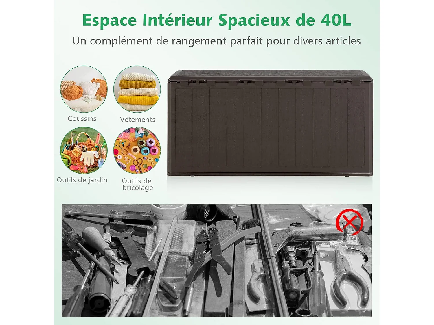 Coffre de Rangement Exterieur XXL 400L-127,5 x 64 x 64 CM avec Poignées Encastrée/Malle de Rangement de Jaridn Verrouillable pour Outils de Jardinage-Marron
