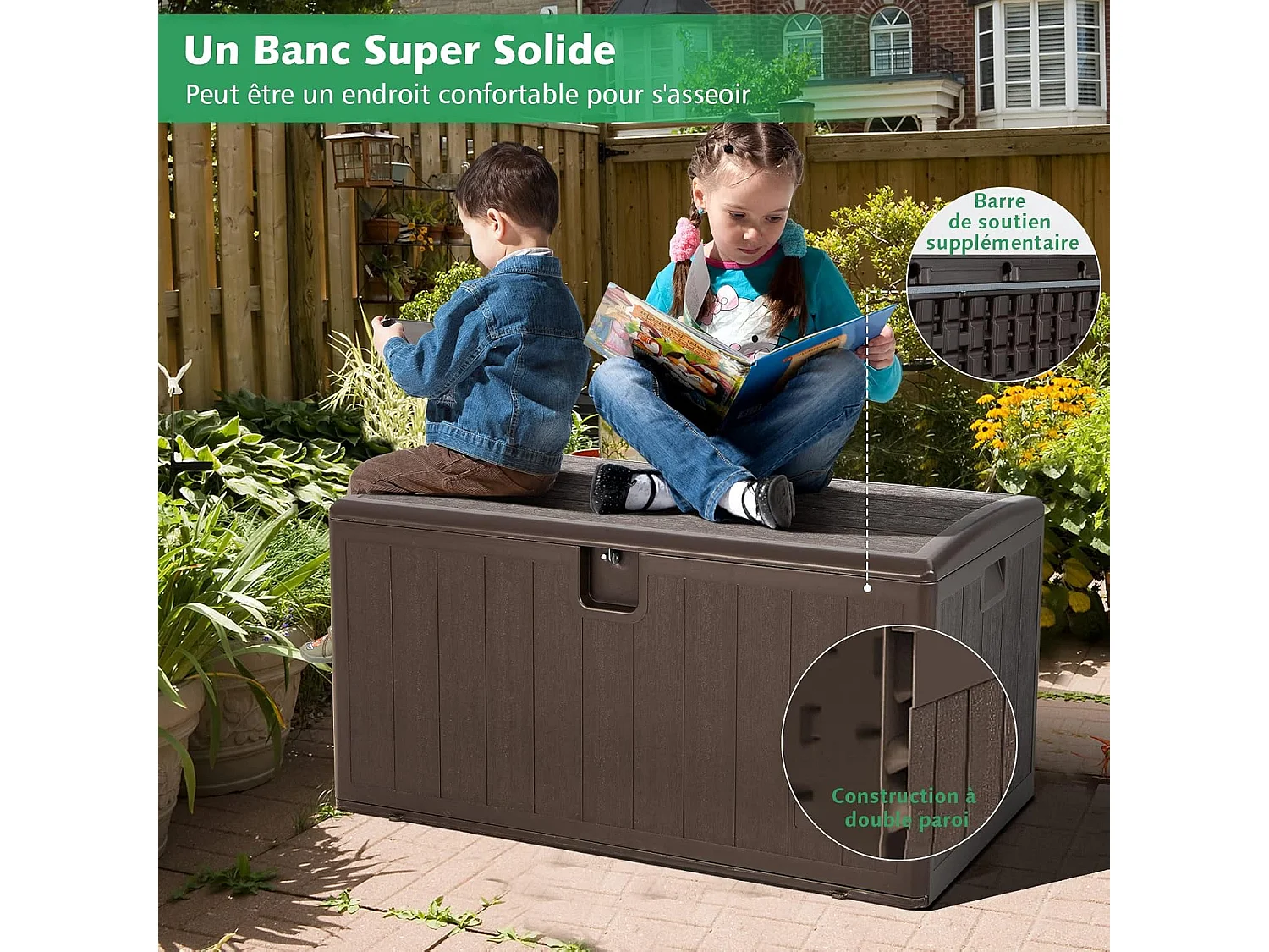 Coffre de Rangement Exterieur XXL 400L-127,5 x 64 x 64 CM avec Poignées Encastrée/Malle de Rangement de Jaridn Verrouillable pour Outils de Jardinage-Marron