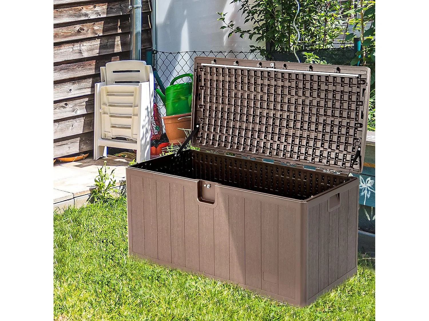 Coffre de Rangement Exterieur XXL 400L-127,5 x 64 x 64 CM avec Poignées Encastrée/Malle de Rangement de Jaridn Verrouillable pour Outils de Jardinage-Marron