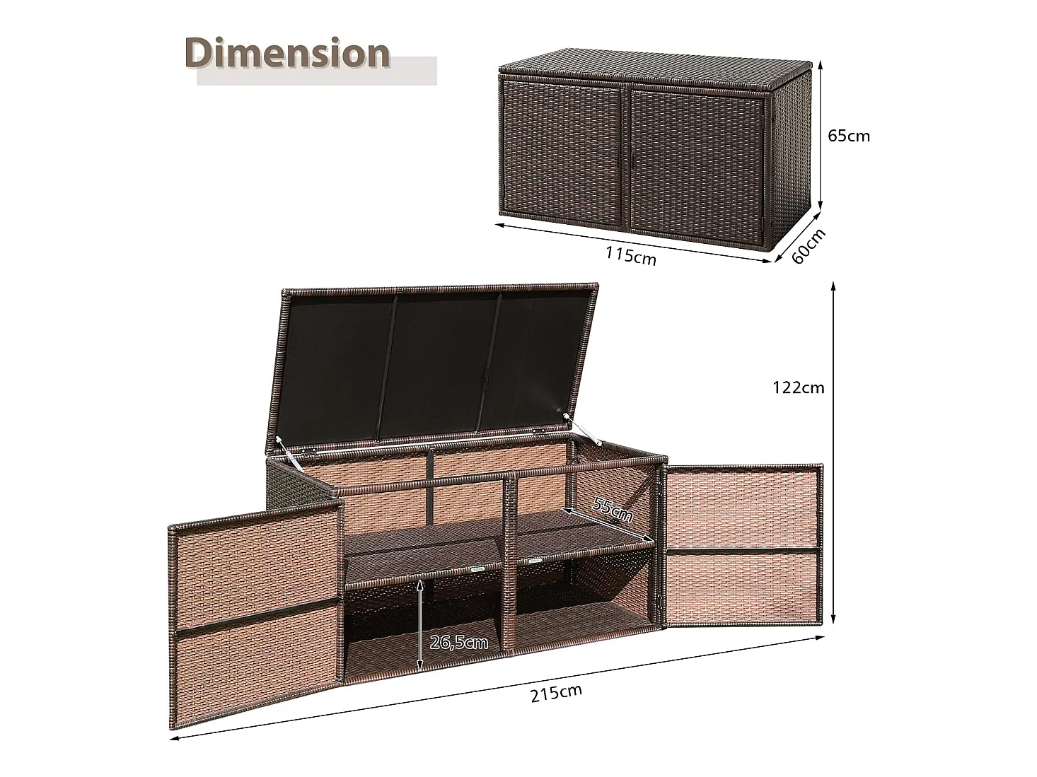 Coffre de Rangement Jardin 335L en Rotin et fibre naturelle PE, Charge Max. 120 kg, Cadre en Acier avec 2 Etagères 115 x 60 x 65 CM（Marron）