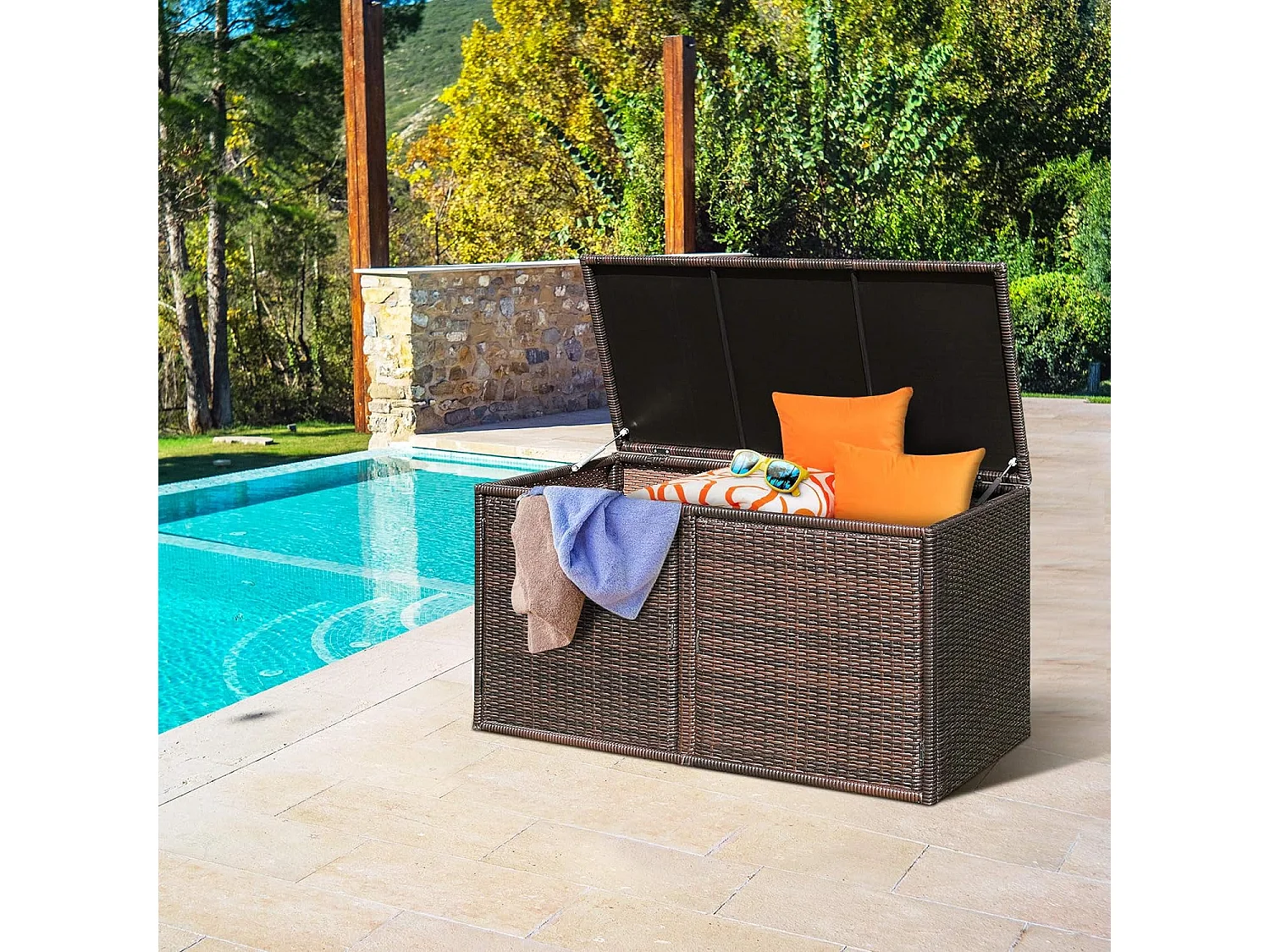 Coffre de Rangement Jardin 335L en Rotin et fibre naturelle PE, Charge Max. 120 kg, Cadre en Acier avec 2 Etagères 115 x 60 x 65 CM（Marron）