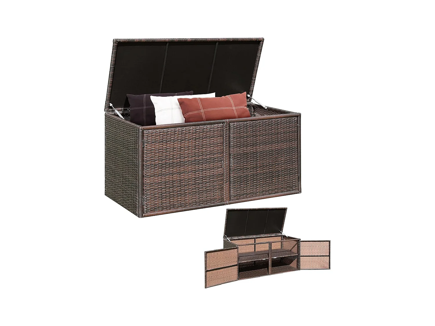 Coffre de Rangement Jardin 335L en Rotin et fibre naturelle PE, Charge Max. 120 kg, Cadre en Acier avec 2 Etagères 115 x 60 x 65 CM（Marron）