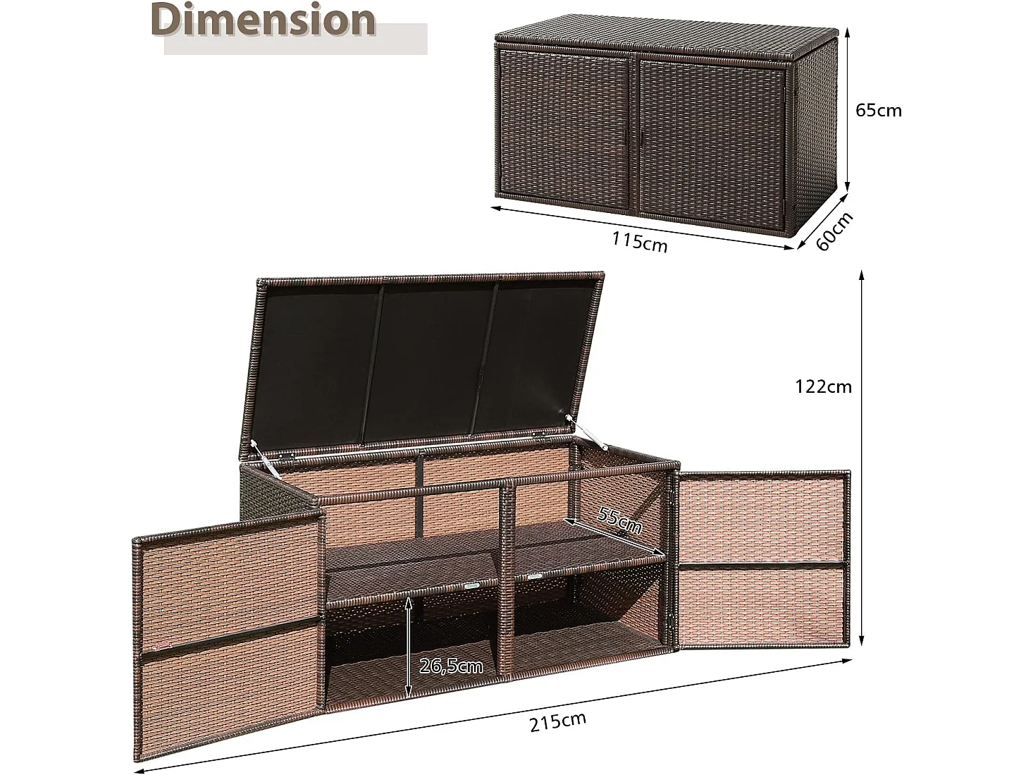 Coffre de Rangement Jardin 335L en Rotin et fibre naturelle PE, Charge Max. 120 kg, Cadre en Acier avec 2 Etagères 115 x 60 x 65 CM（Marron）