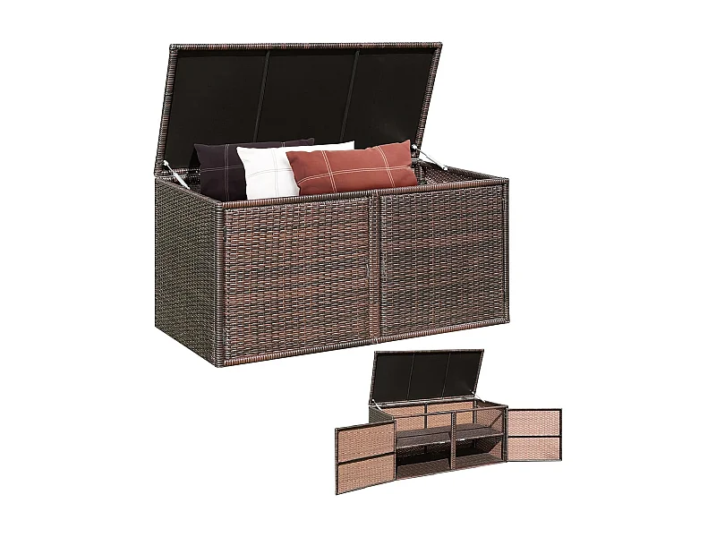 Coffre de Rangement Jardin 335L en Rotin et fibre naturelle PE, Charge Max. 120 kg, Cadre en Acier avec 2 Etagères 115 x 60 x 65 CM（Marron）