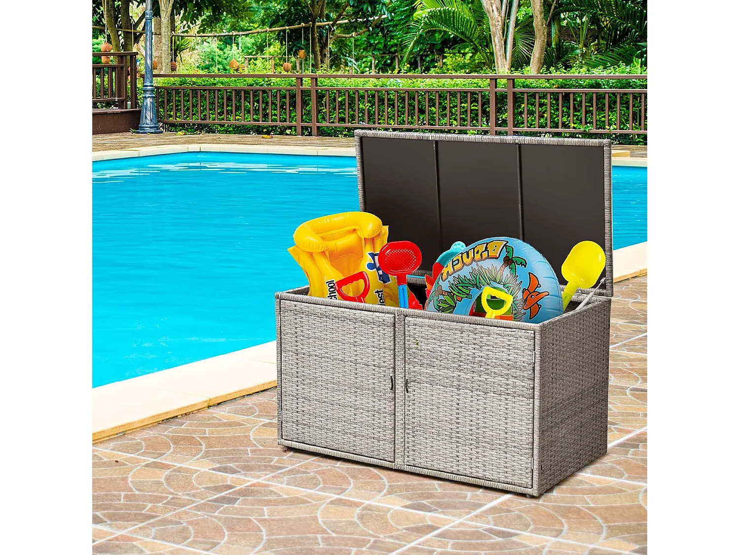 Coffre de Rangement Jardin 335L en Rotin et fibre naturelle PE, Charge Max. 120 kg, Cadre en Acier avec 2 Etagères 115 x 60 x 65 CMGris