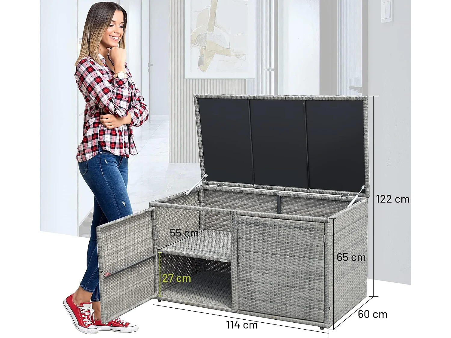 Coffre de Rangement Jardin 335L en Rotin et fibre naturelle PE, Charge Max. 120 kg, Cadre en Acier avec 2 Etagères 115 x 60 x 65 CMGris