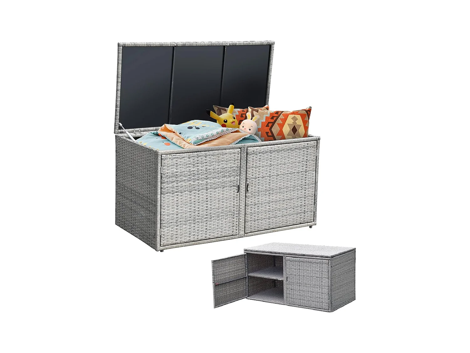 Coffre de Rangement Jardin 335L en Rotin et fibre naturelle PE, Charge Max. 120 kg, Cadre en Acier avec 2 Etagères 115 x 60 x 65 CMGris