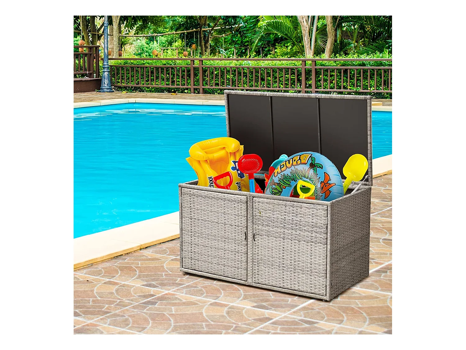 Coffre de Rangement Jardin 335L en Rotin et fibre naturelle PE, Charge Max. 120 kg, Cadre en Acier avec 2 Etagères 115 x 60 x 65 CMGris