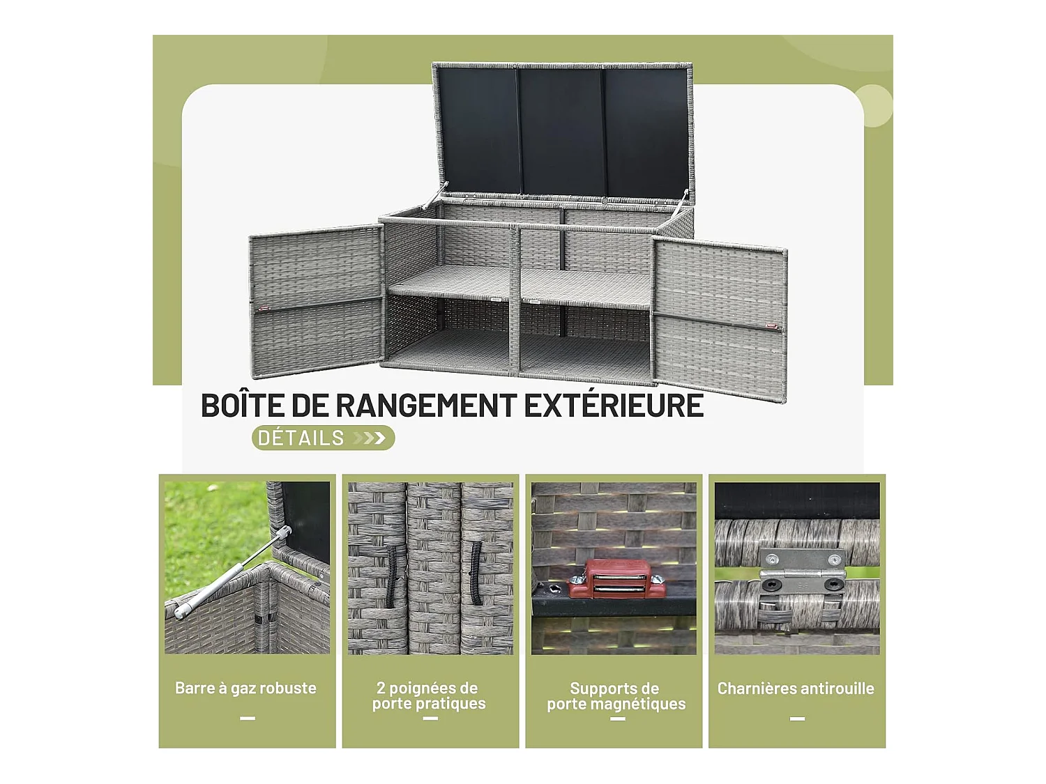 Coffre de Rangement Jardin 335L en Rotin et fibre naturelle PE, Charge Max. 120 kg, Cadre en Acier avec 2 Etagères 115 x 60 x 65 CMGris