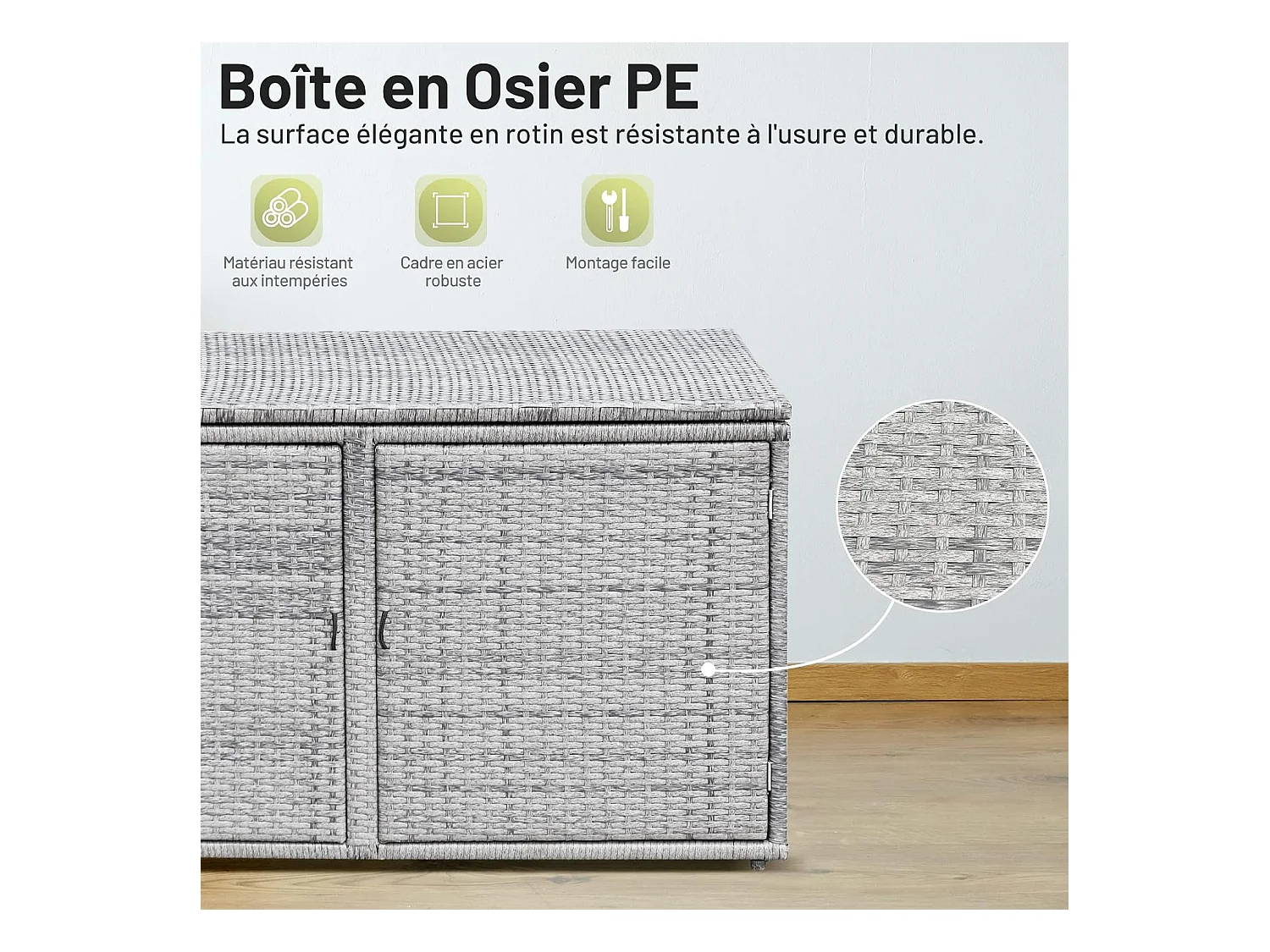 Coffre de Rangement Jardin 335L en Rotin et fibre naturelle PE, Charge Max. 120 kg, Cadre en Acier avec 2 Etagères 115 x 60 x 65 CMGris