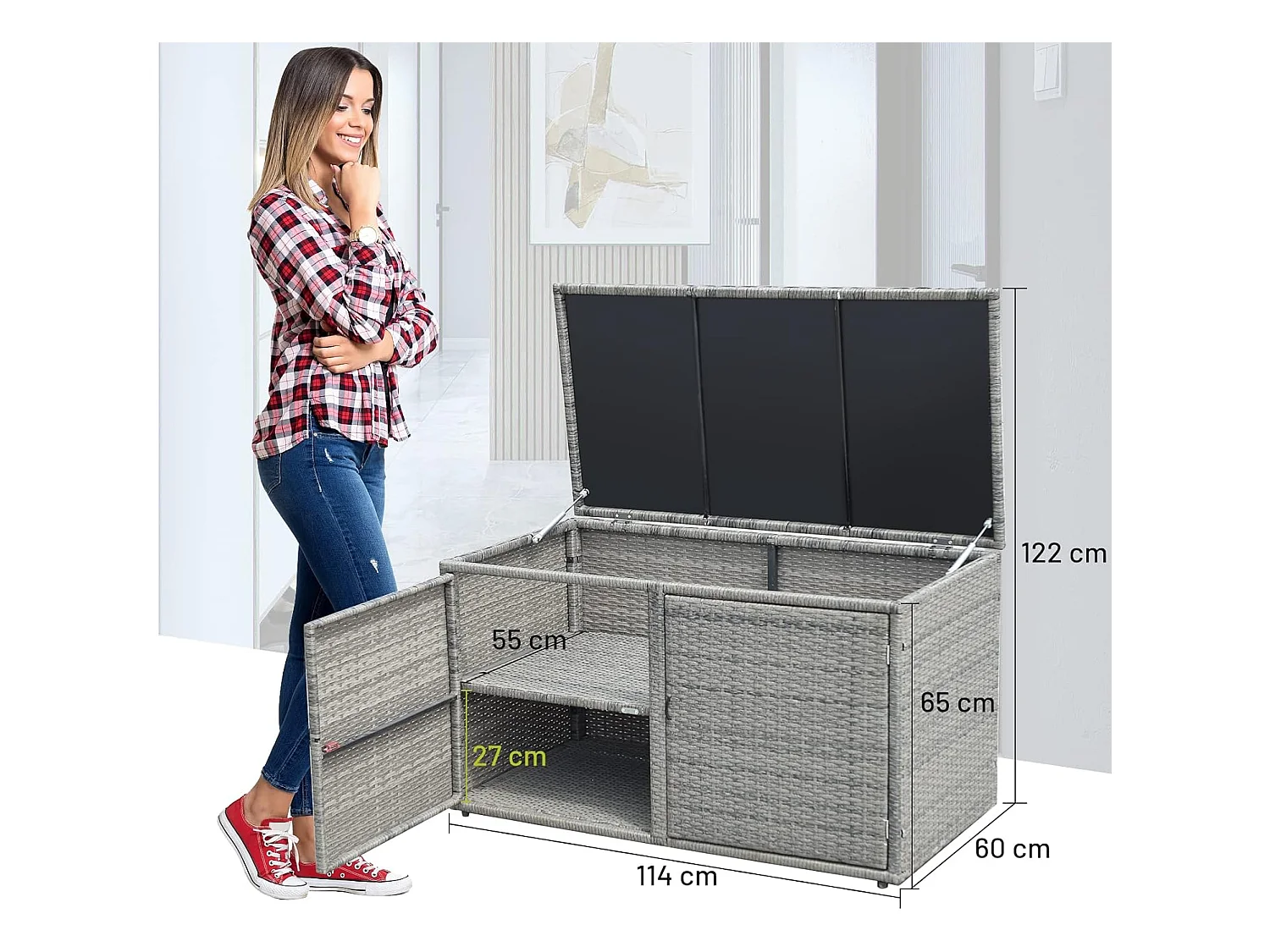 Coffre de Rangement Jardin 335L en Rotin et fibre naturelle PE, Charge Max. 120 kg, Cadre en Acier avec 2 Etagères 115 x 60 x 65 CMGris