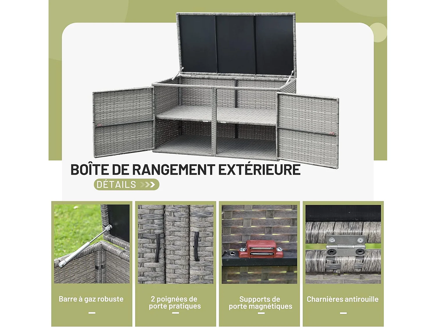 Coffre de Rangement Jardin 335L en Rotin et fibre naturelle PE, Charge Max. 120 kg, Cadre en Acier avec 2 Etagères 115 x 60 x 65 CMGris