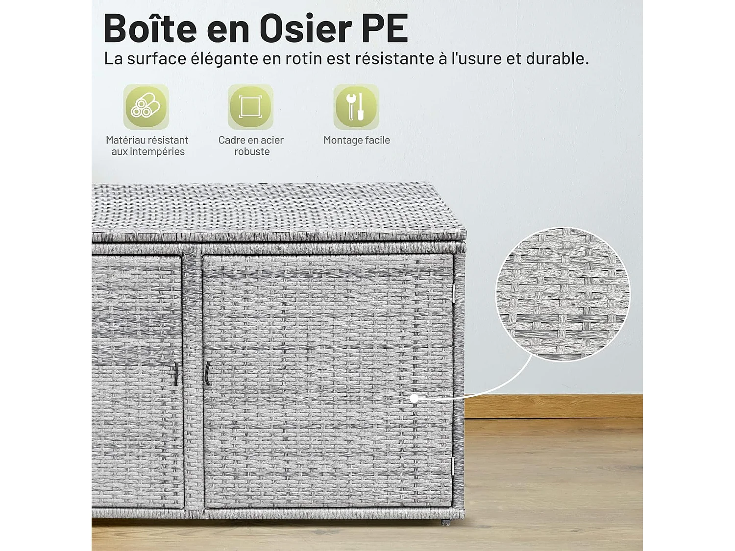 Coffre de Rangement Jardin 335L en Rotin et fibre naturelle PE, Charge Max. 120 kg, Cadre en Acier avec 2 Etagères 115 x 60 x 65 CMGris