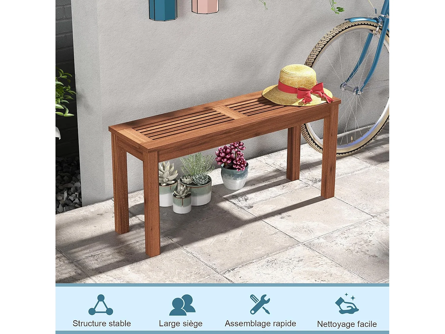 Banc de Jardin en en Bois Massif, Banc de Terrasse sans Dossier avec Assise à Lattes, Charge 150 KG, 2 Places, pour Jardin, Entrée, Cour, 100 x 30,5 x 47 CM