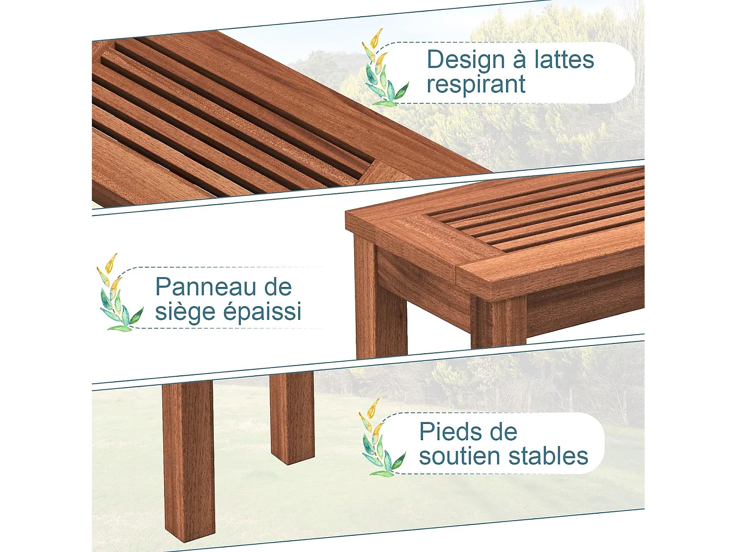 Banc de Jardin en en Bois Massif, Banc de Terrasse sans Dossier avec Assise à Lattes, Charge 150 KG, 2 Places, pour Jardin, Entrée, Cour, 100 x 30,5 x 47 CM