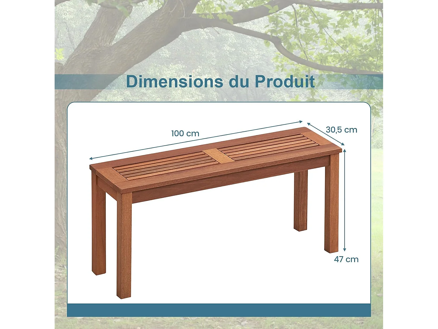Banc de Jardin en en Bois Massif, Banc de Terrasse sans Dossier avec Assise à Lattes, Charge 150 KG, 2 Places, pour Jardin, Entrée, Cour, 100 x 30,5 x 47 CM