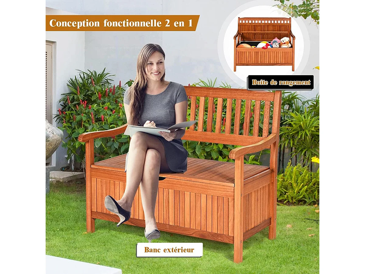 Banc de Jardin 2 Places 107 x 59 x 90 CM en Bois d'Eucalyptus avec Compartiment de Rangement pour Jardin, Terrasse, Balcon