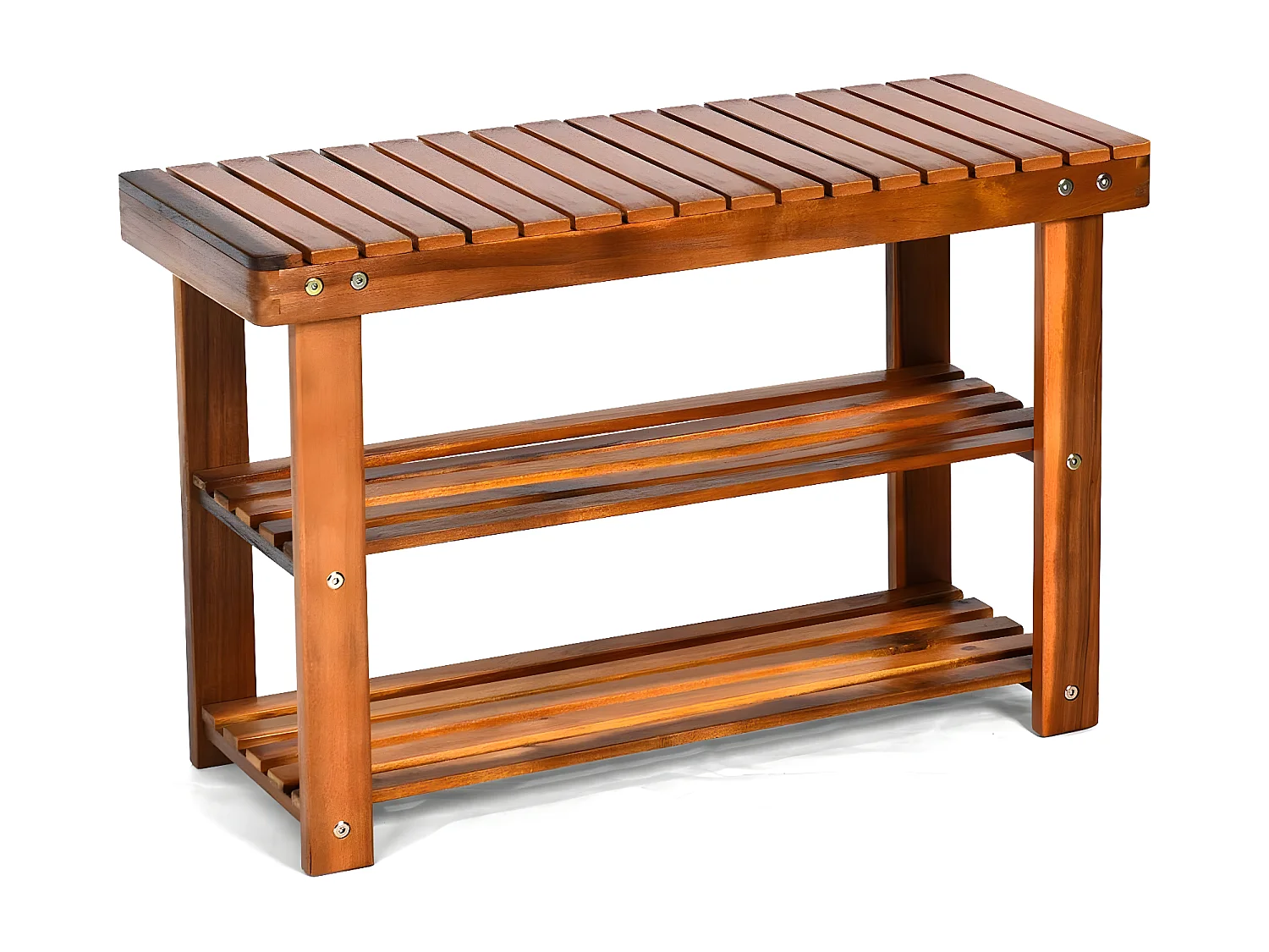 Banc à Chaussures en Bois d'Acacia, Étagère de Rangement à 3 Niveaux, Charge 180 kg, pour l’Entrée, Salon, Salle de Bain, Couloir, 28 x 70 x 45 cm, Roux