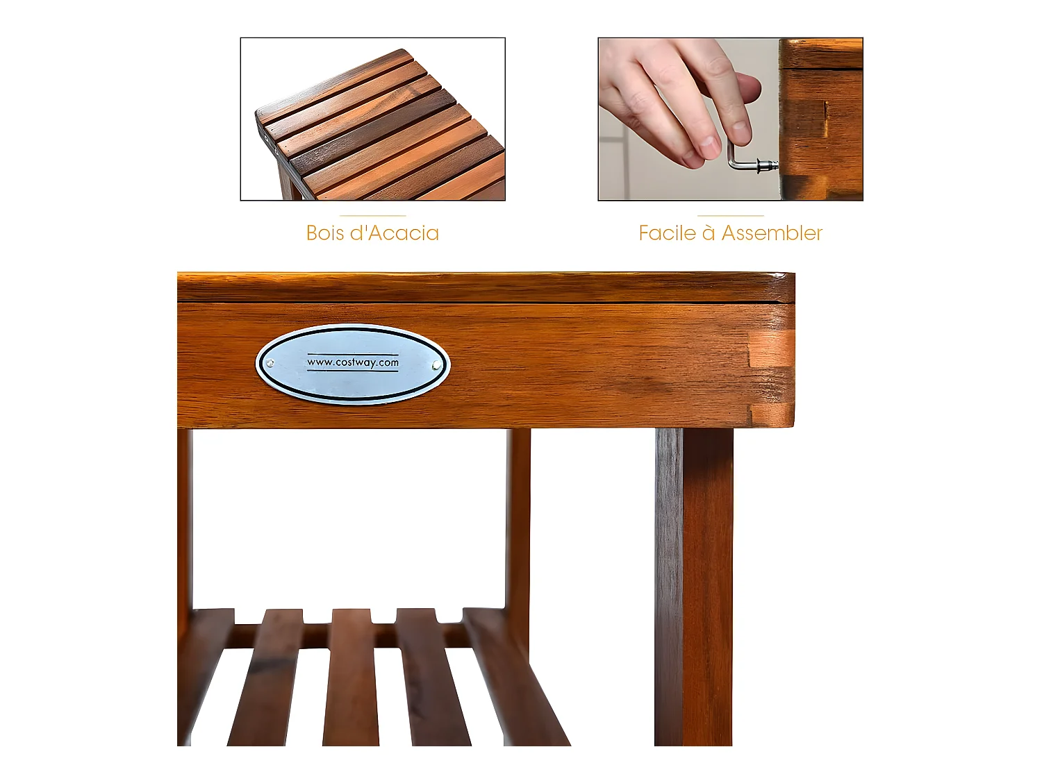 Banc à Chaussures en Bois d'Acacia, Étagère de Rangement à 3 Niveaux, Charge 180 kg, pour l’Entrée, Salon, Salle de Bain, Couloir, 28 x 70 x 45 cm, Roux