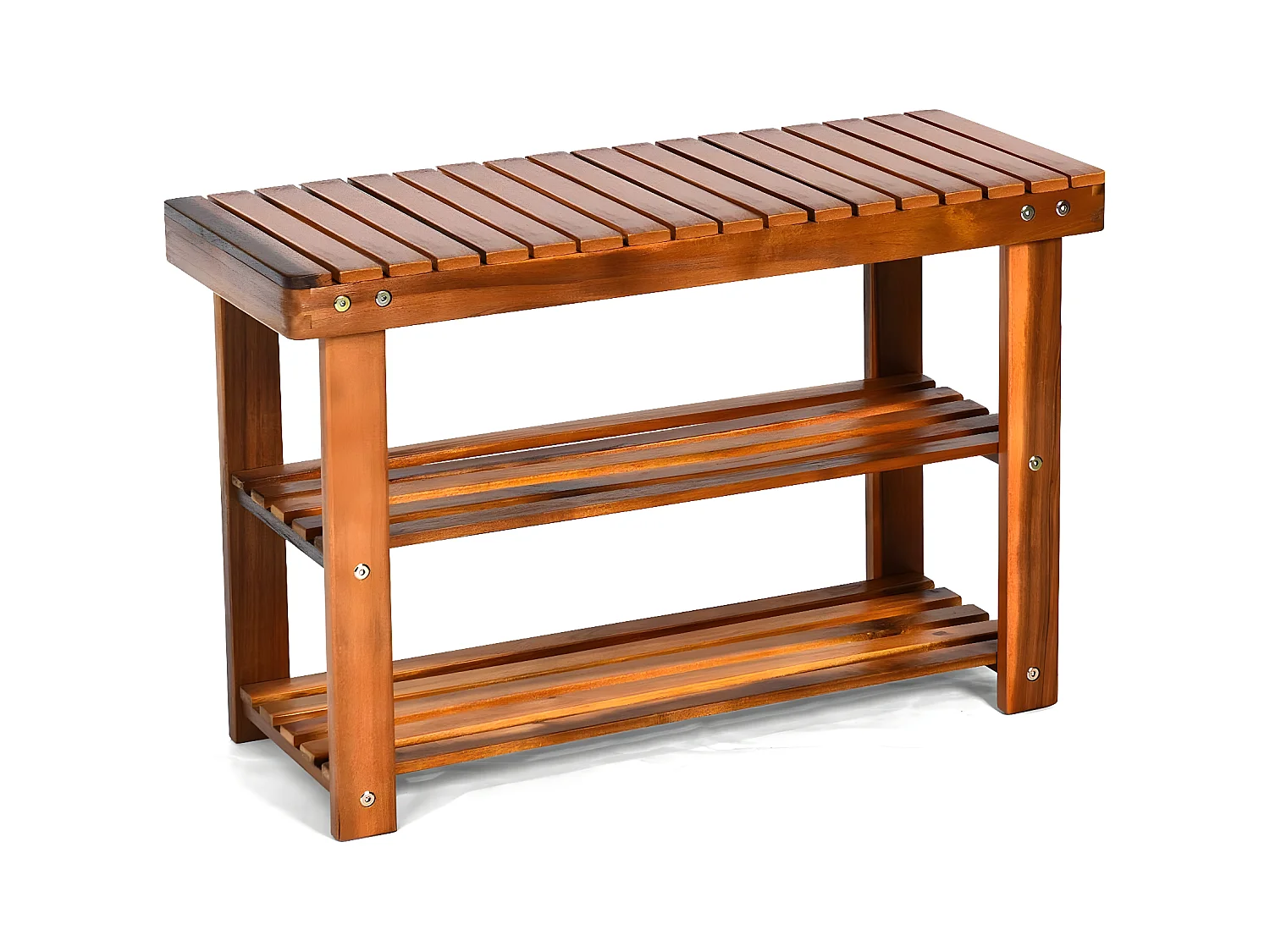 Banc à Chaussures en Bois d'Acacia, Étagère de Rangement à 3 Niveaux, Charge 180 kg, pour l’Entrée, Salon, Salle de Bain, Couloir, 28 x 70 x 45 cm, Roux