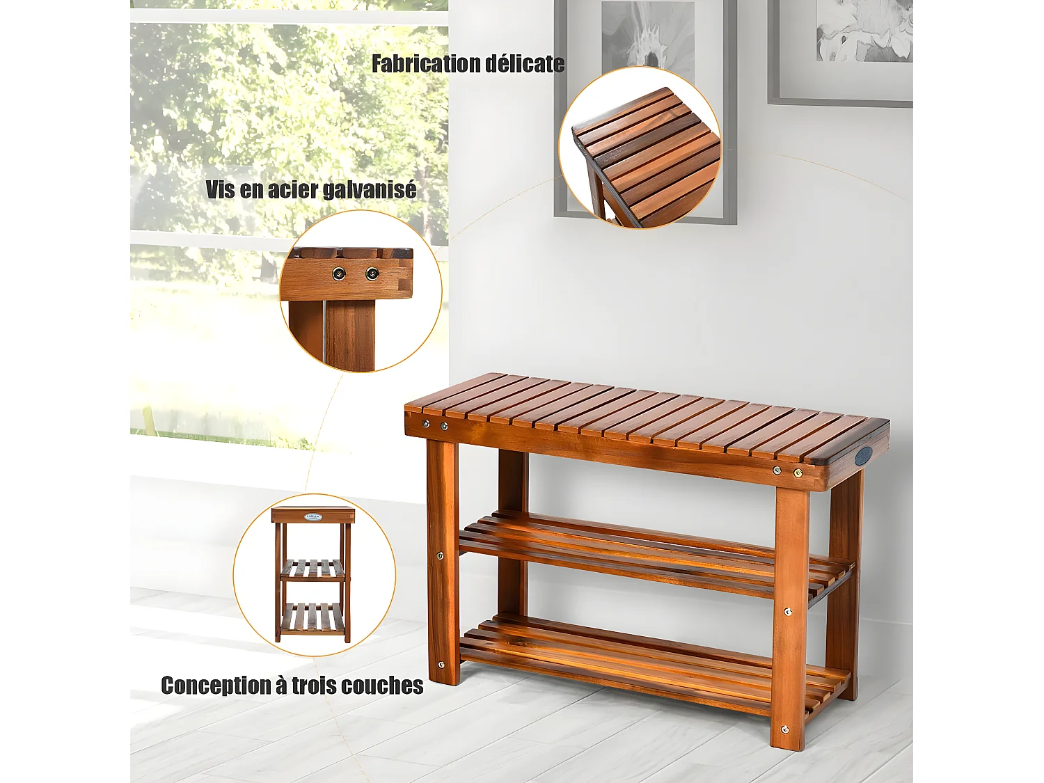 Banc à Chaussures en Bois d'Acacia, Étagère de Rangement à 3 Niveaux, Charge 180 kg, pour l’Entrée, Salon, Salle de Bain, Couloir, 28 x 70 x 45 cm, Roux