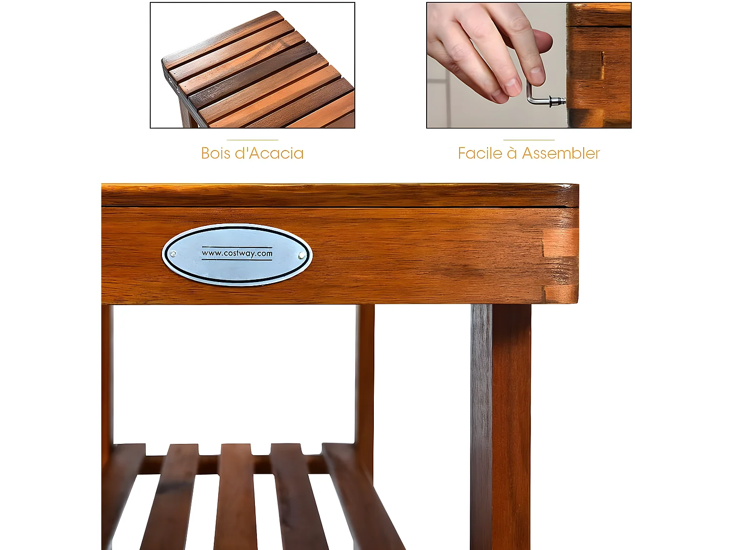 Banc à Chaussures en Bois d'Acacia, Étagère de Rangement à 3 Niveaux, Charge 180 kg, pour l’Entrée, Salon, Salle de Bain, Couloir, 28 x 70 x 45 cm, Roux