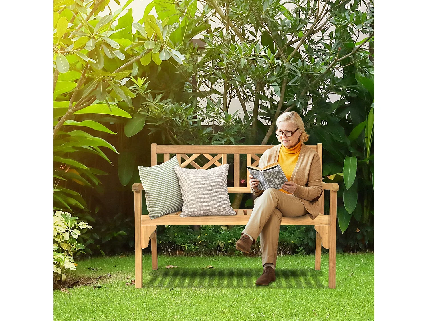 Banc de Jardin en Bois d'Acacia Certifié FSC 120x56x90 cm à 2 Places Dossier Incurvé et Accoudoirs pour Terrasse Balcon ou Jardin