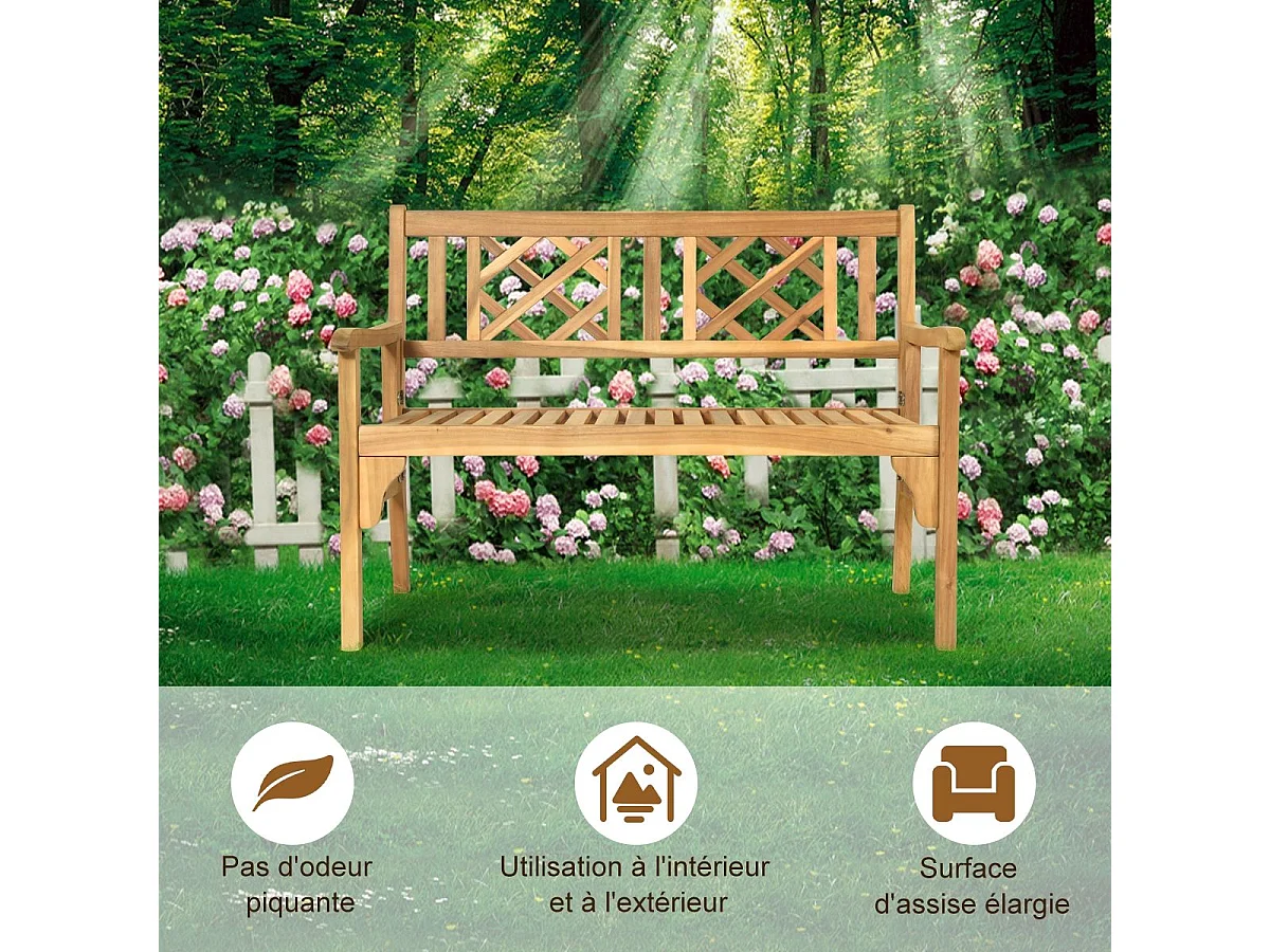 Banc de Jardin en Bois d'Acacia Certifié FSC 120x56x90 cm à 2 Places Dossier Incurvé et Accoudoirs pour Terrasse Balcon ou Jardin
