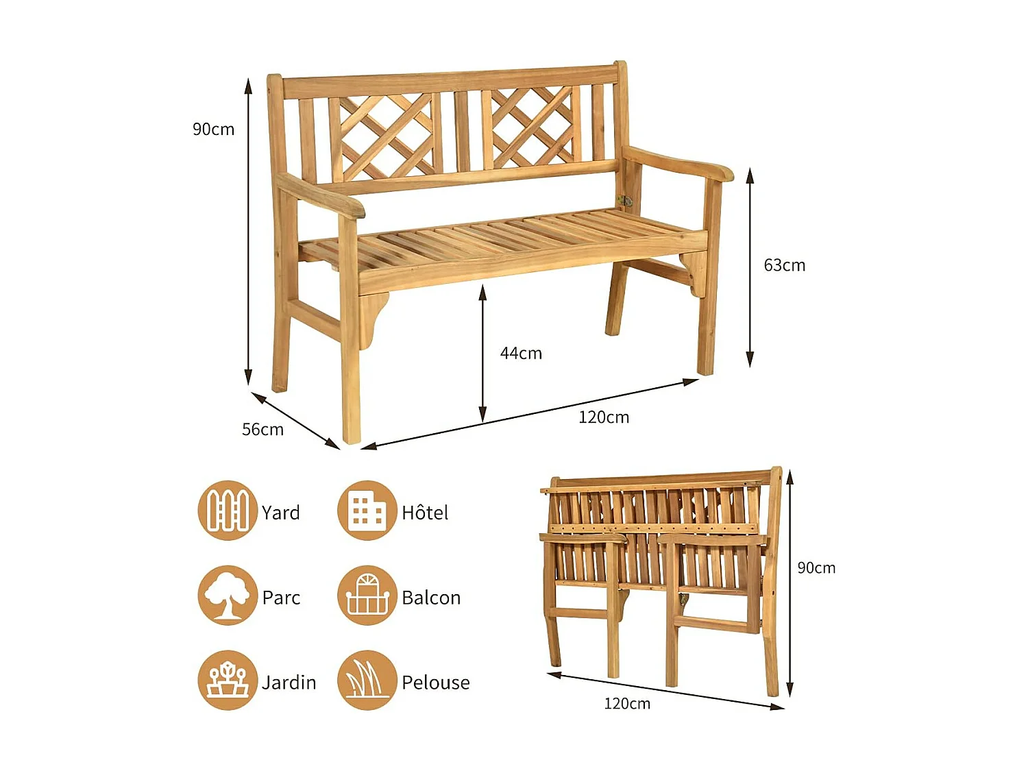 Banc de Jardin en Bois d'Acacia Certifié FSC 120x56x90 cm à 2 Places Dossier Incurvé et Accoudoirs pour Terrasse Balcon ou Jardin