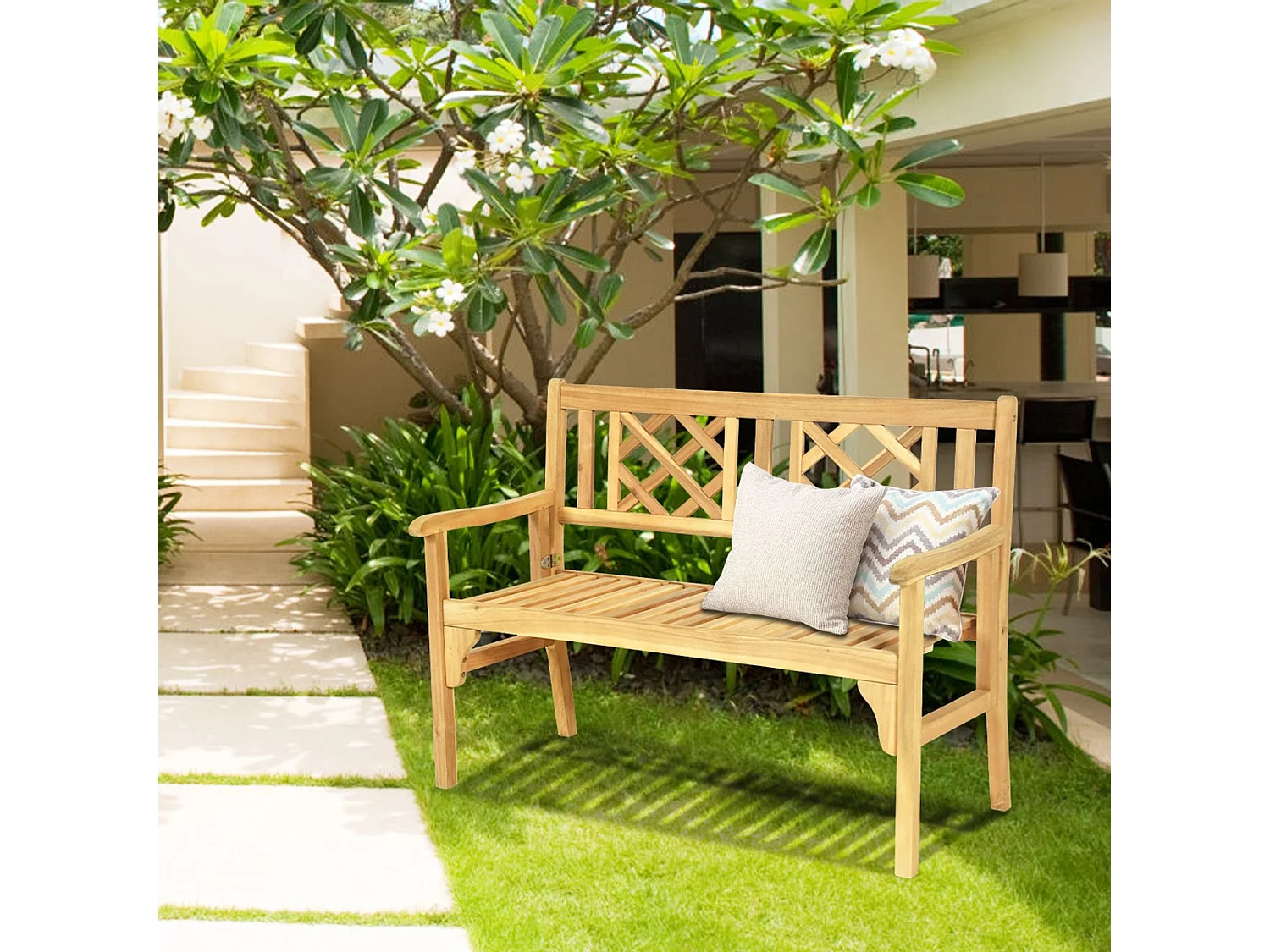 Banc de Jardin en Bois d'Acacia Certifié FSC 120x56x90 cm à 2 Places Dossier Incurvé et Accoudoirs pour Terrasse Balcon ou Jardin