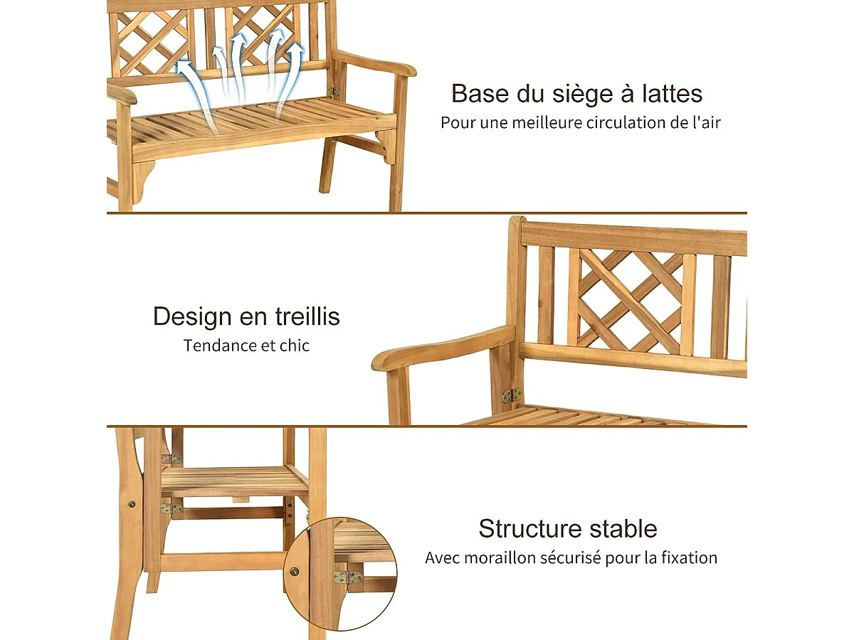 Banc de Jardin en Bois d'Acacia Certifié FSC 120x56x90 cm à 2 Places Dossier Incurvé et Accoudoirs pour Terrasse Balcon ou Jardin