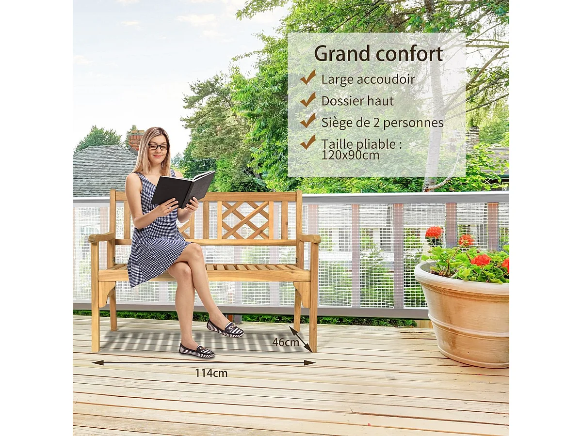 Banc de Jardin en Bois d'Acacia Certifié FSC 120x56x90 cm à 2 Places Dossier Incurvé et Accoudoirs pour Terrasse Balcon ou Jardin