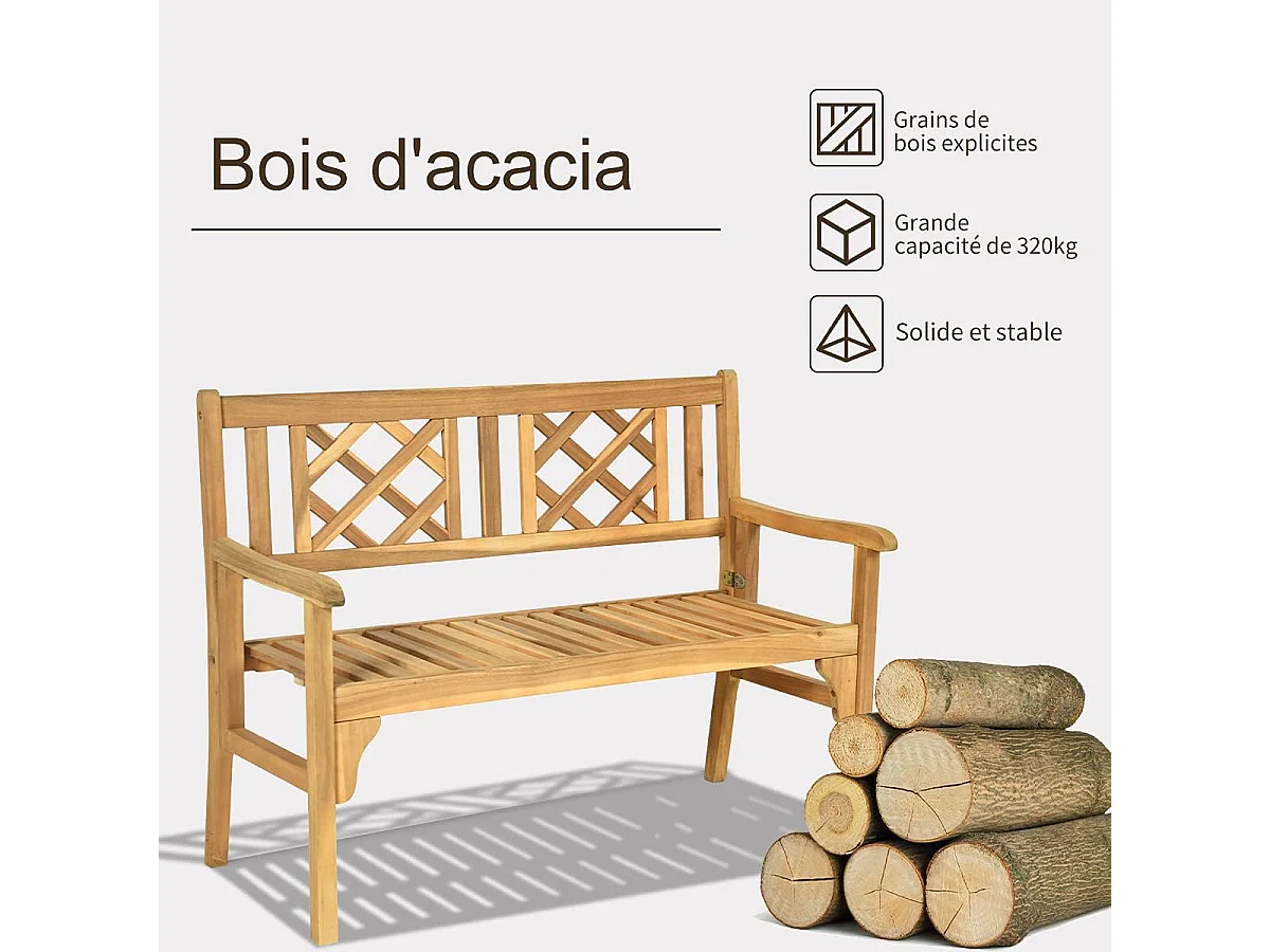 Banc de Jardin en Bois d'Acacia Certifié FSC 120x56x90 cm à 2 Places Dossier Incurvé et Accoudoirs pour Terrasse Balcon ou Jardin