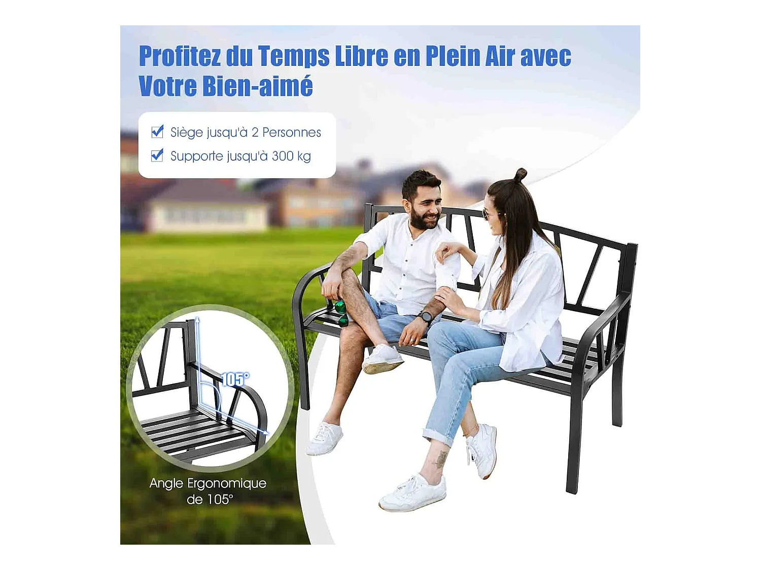 Banc de Jardin Extérieur 2 Places Charge 300KG avec Cadre en Métal pour Cour Balcon Terrasse 128x57x86cm Noir