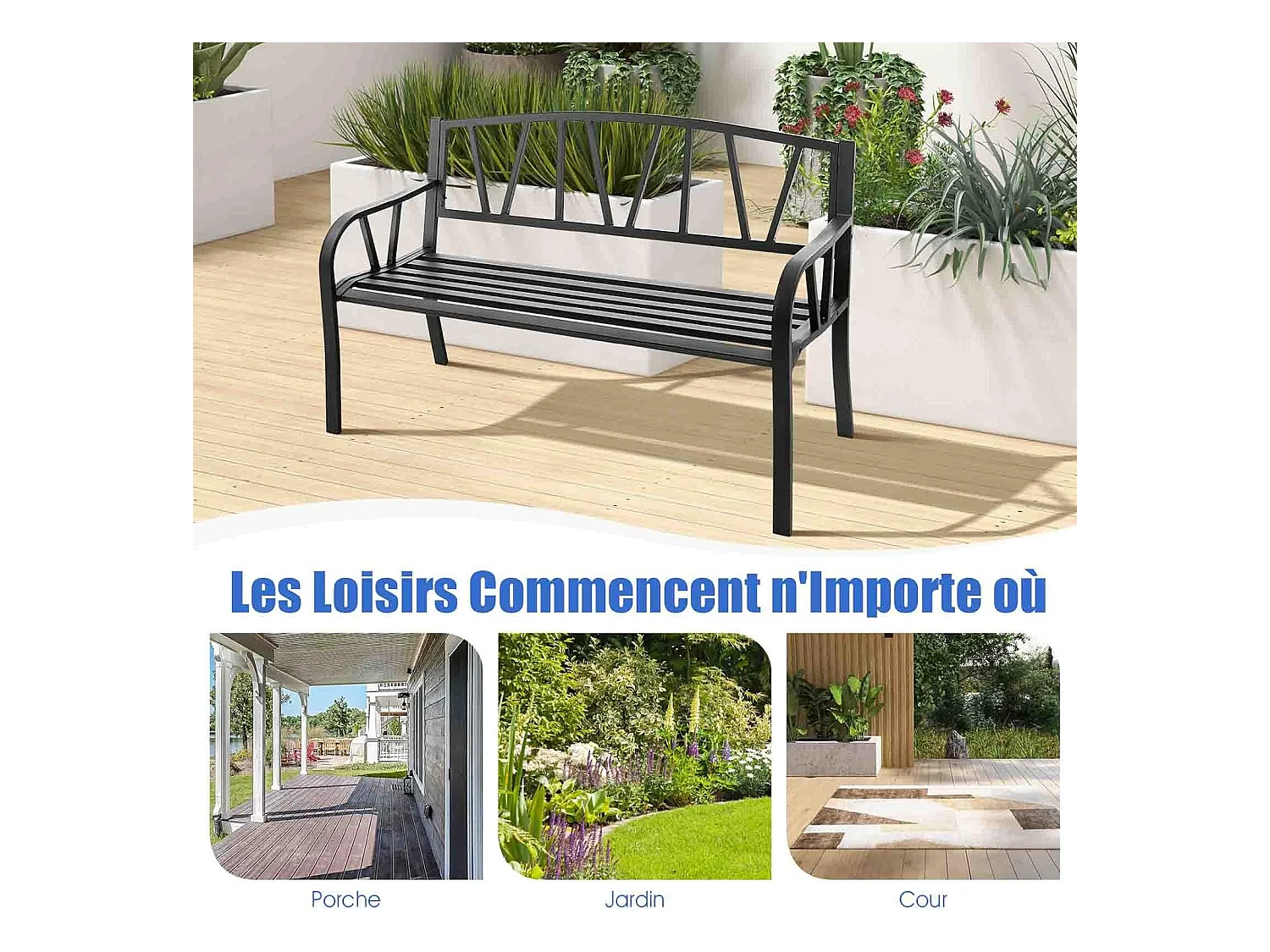 Banc de Jardin Extérieur 2 Places Charge 300KG avec Cadre en Métal pour Cour Balcon Terrasse 128x57x86cm Noir