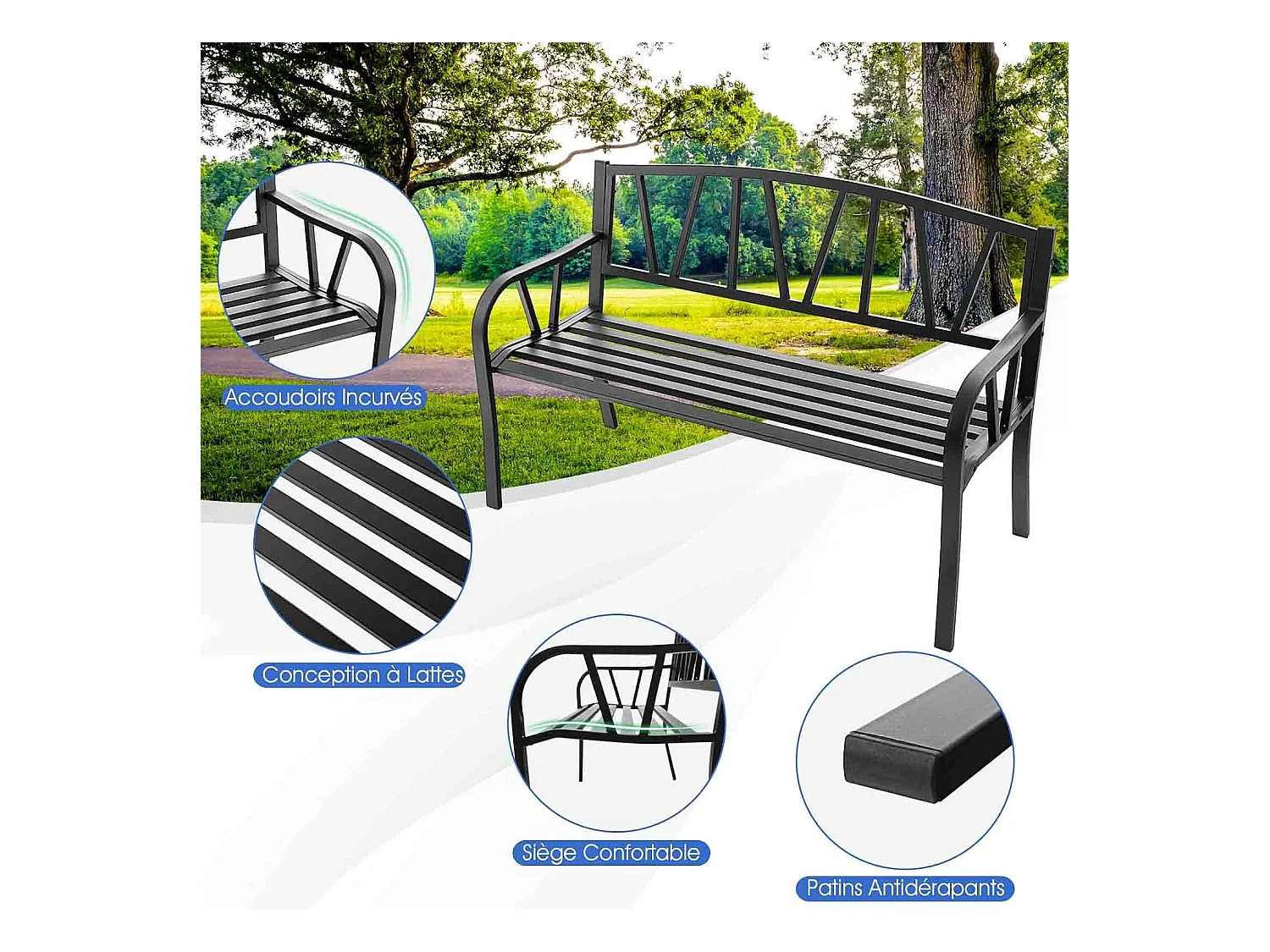 Banc de Jardin Extérieur 2 Places Charge 300KG avec Cadre en Métal pour Cour Balcon Terrasse 128x57x86cm Noir