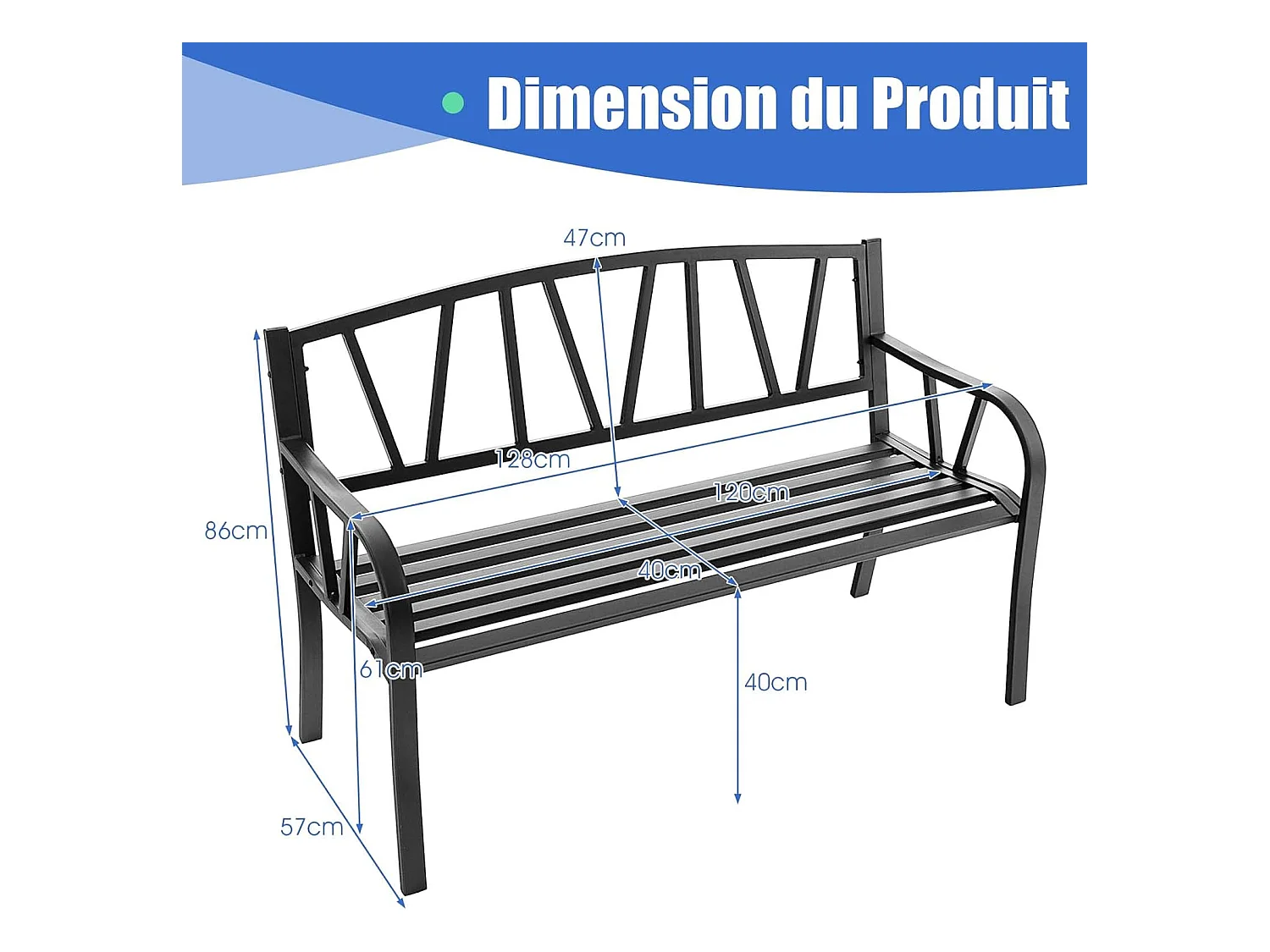 Banc de Jardin Extérieur 2 Places Charge 300KG avec Cadre en Métal pour Cour Balcon Terrasse 128x57x86cm Noir