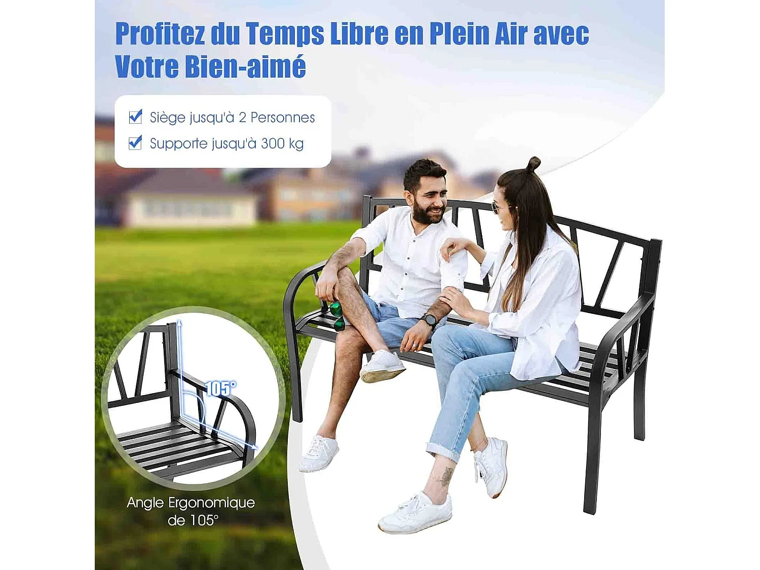 Banc de Jardin Extérieur 2 Places Charge 300KG avec Cadre en Métal pour Cour Balcon Terrasse 128x57x86cm Noir