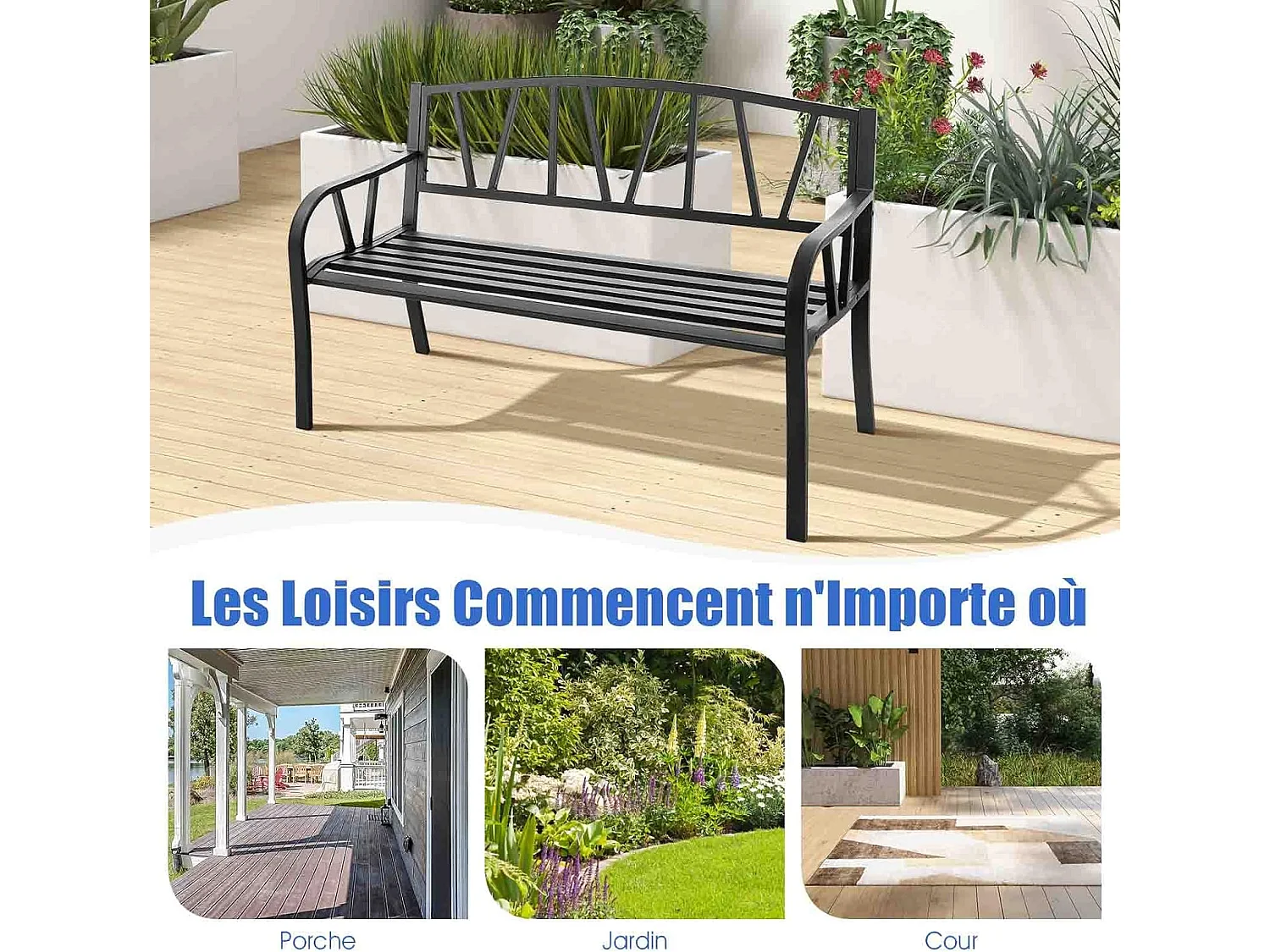 Banc de Jardin Extérieur 2 Places Charge 300KG avec Cadre en Métal pour Cour Balcon Terrasse 128x57x86cm Noir