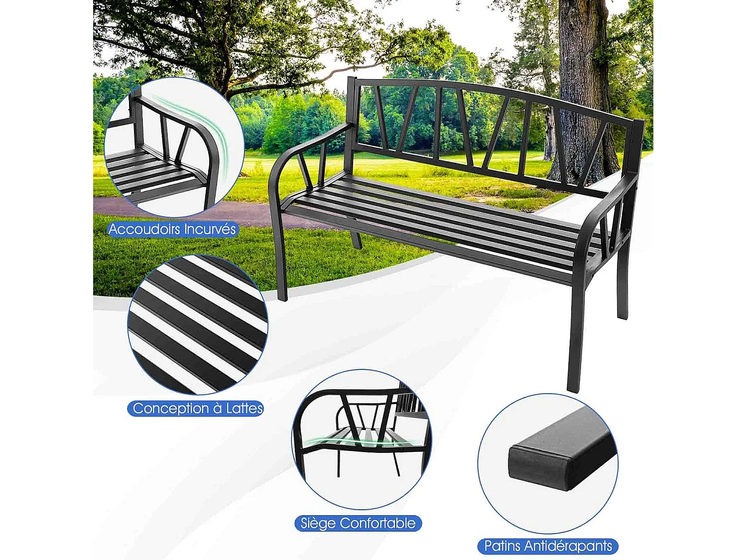 Banc de Jardin Extérieur 2 Places Charge 300KG avec Cadre en Métal pour Cour Balcon Terrasse 128x57x86cm Noir