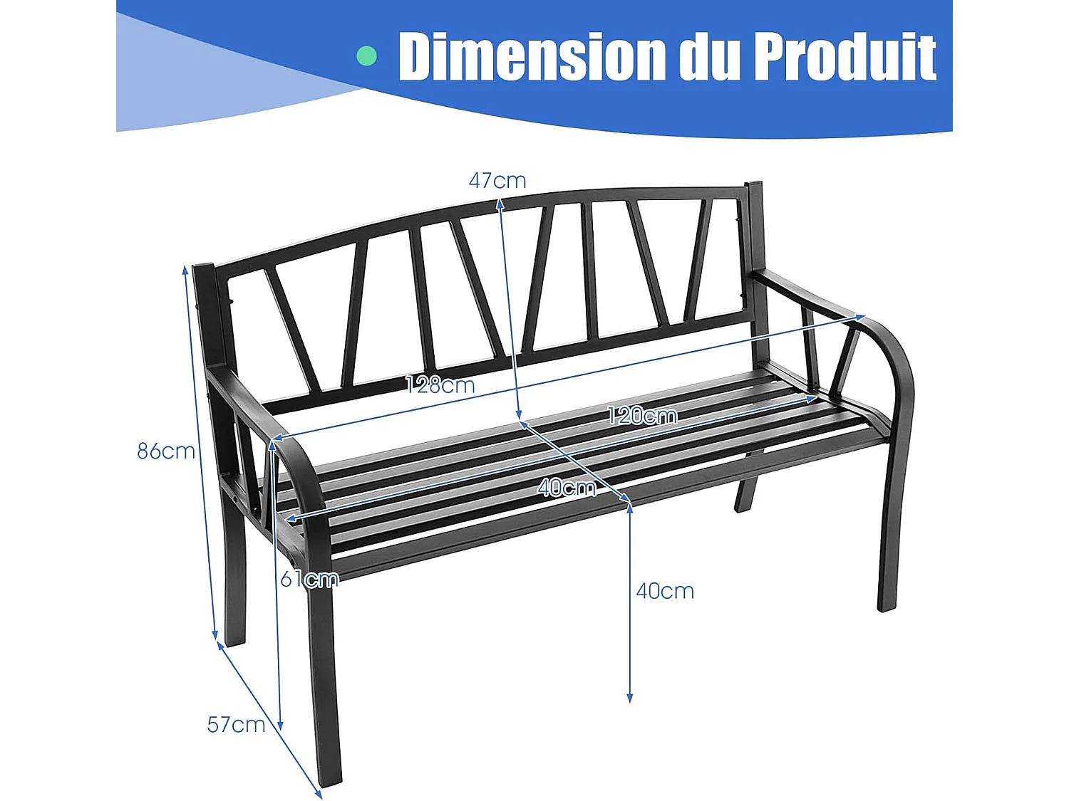 Banc de Jardin Extérieur 2 Places Charge 300KG avec Cadre en Métal pour Cour Balcon Terrasse 128x57x86cm Noir