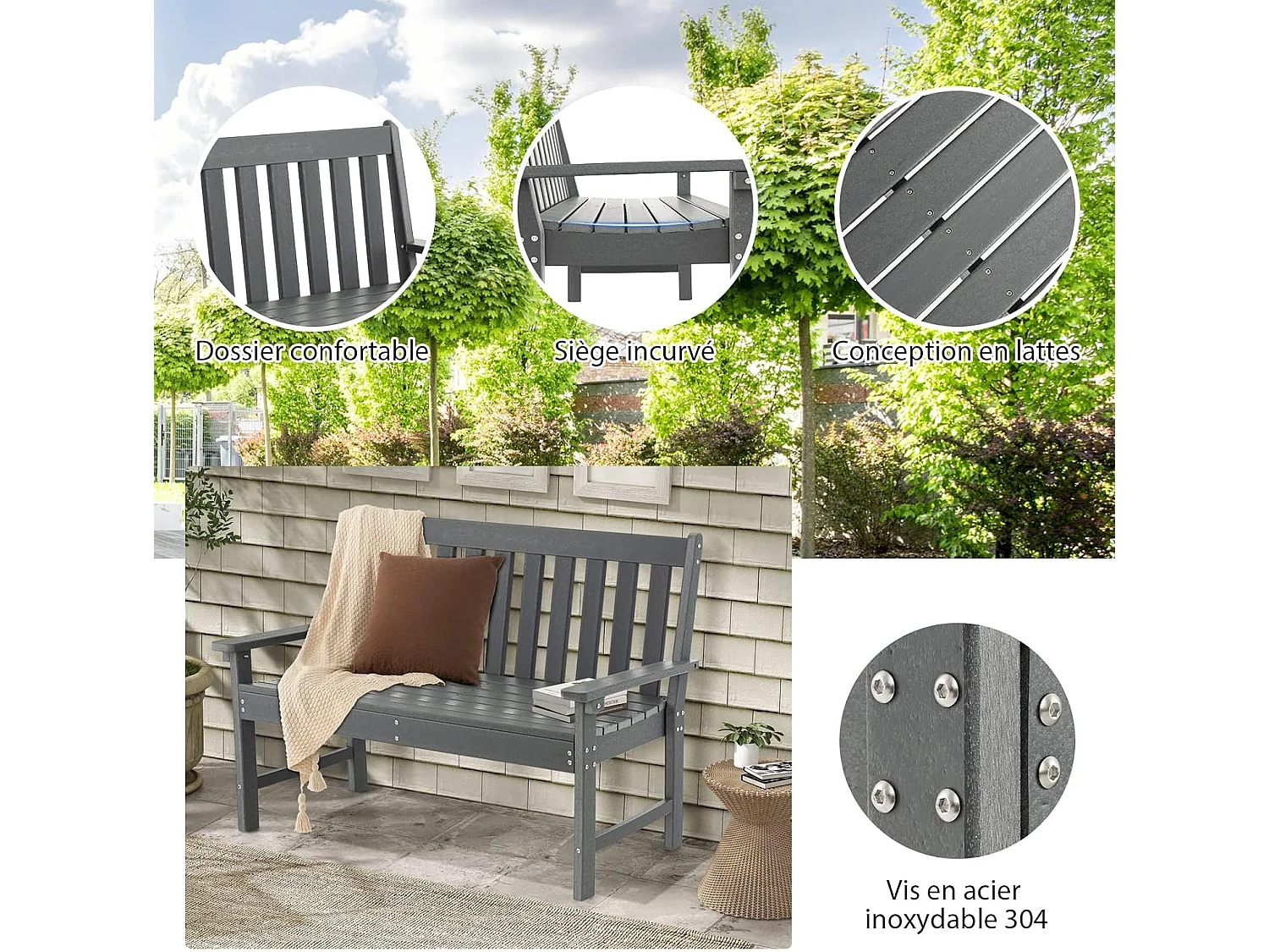 Banc de Jardin Exterieur en HDPE, Banc Extérieur Jardin 2 Places avec Dossier et Accoudoirs, Charge 320 KG, pour Parc, Cour, Plage, 132x65x91cm