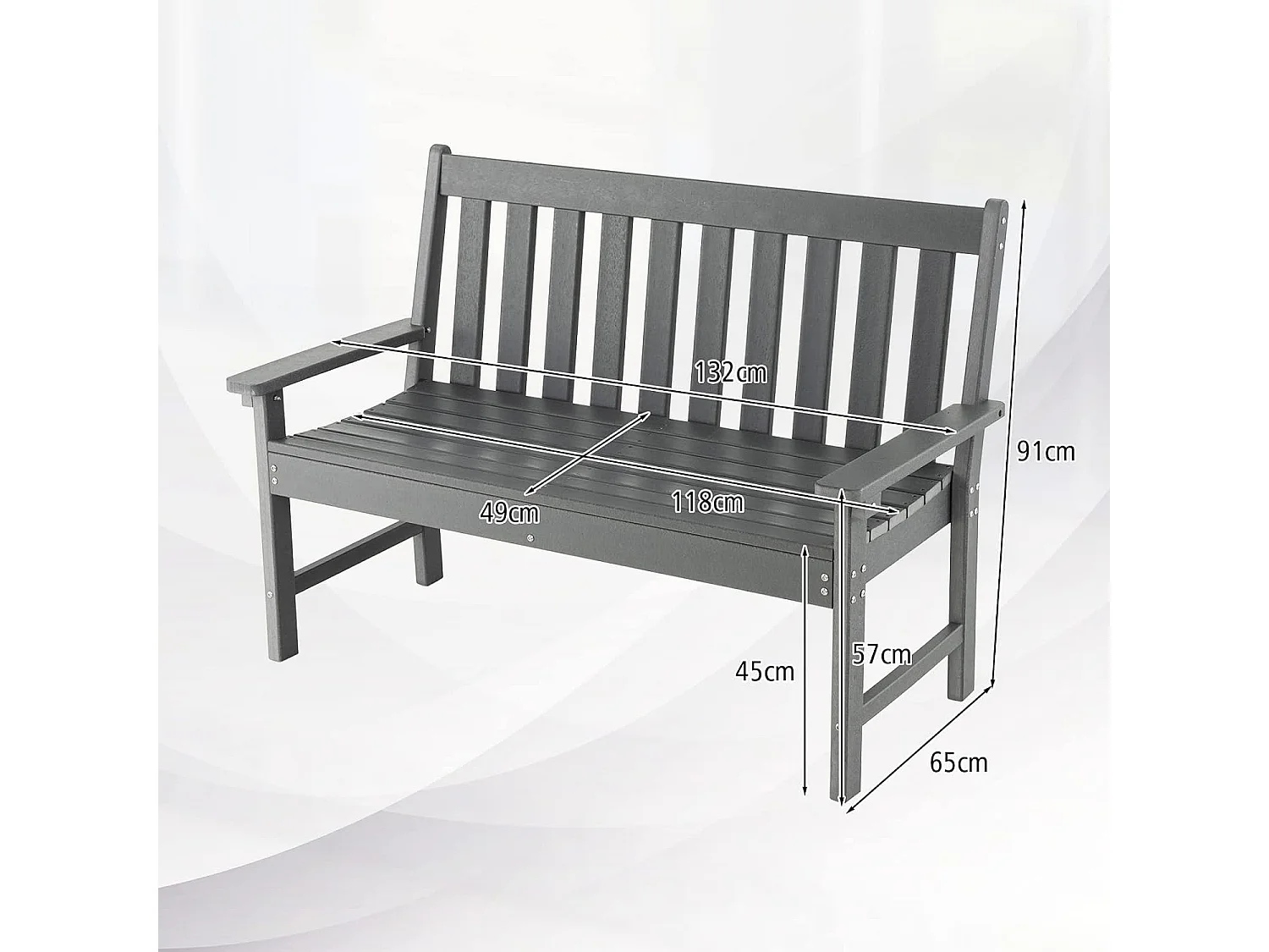 Banc de Jardin Exterieur en HDPE, Banc Extérieur Jardin 2 Places avec Dossier et Accoudoirs, Charge 320 KG, pour Parc, Cour, Plage, 132x65x91cm