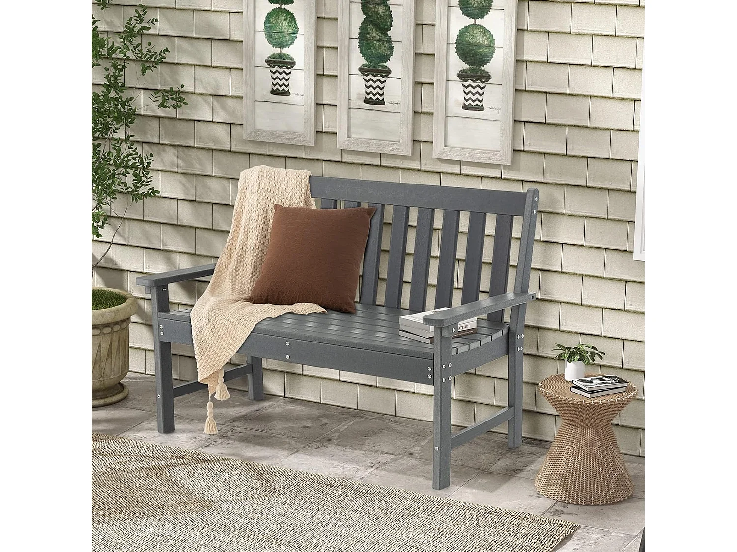 HDPE tuinbank voor buiten, 2-zits tuinbank met rugleuning en armleuningen, draagvermogen 320 kg, voor park, tuin, strand, 132x65x91cm