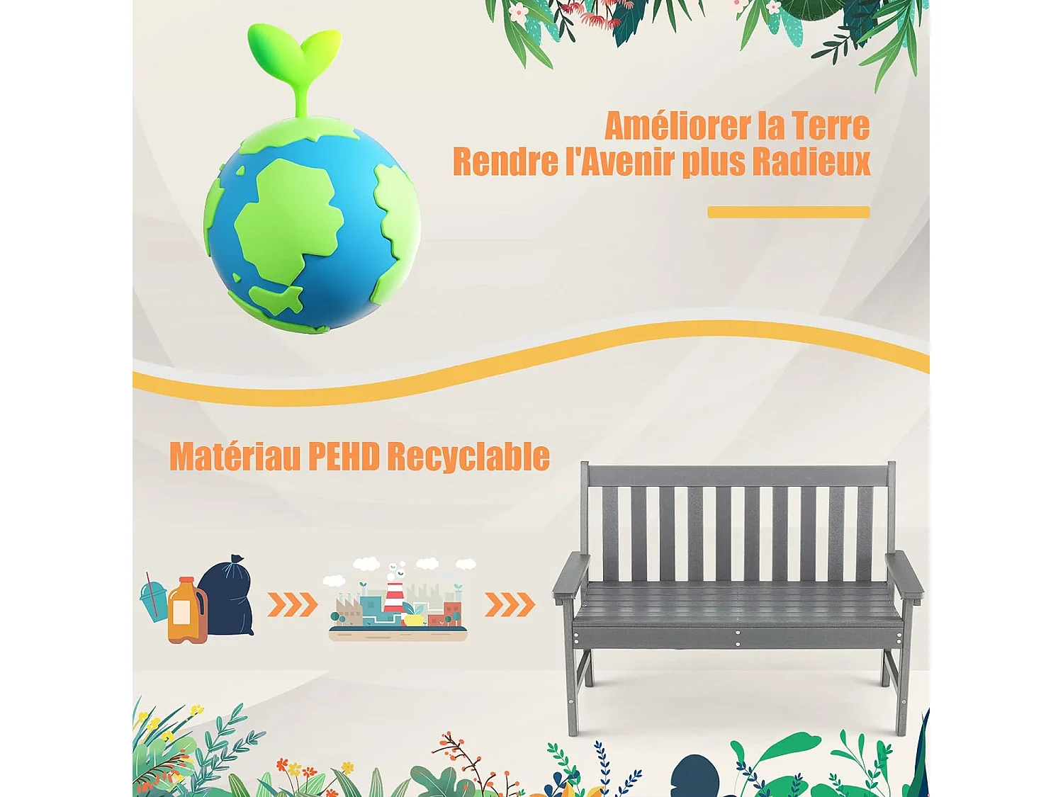 HDPE tuinbank voor buiten, 2-zits tuinbank met rugleuning en armleuningen, draagvermogen 320 kg, voor park, tuin, strand, 132x65x91cm