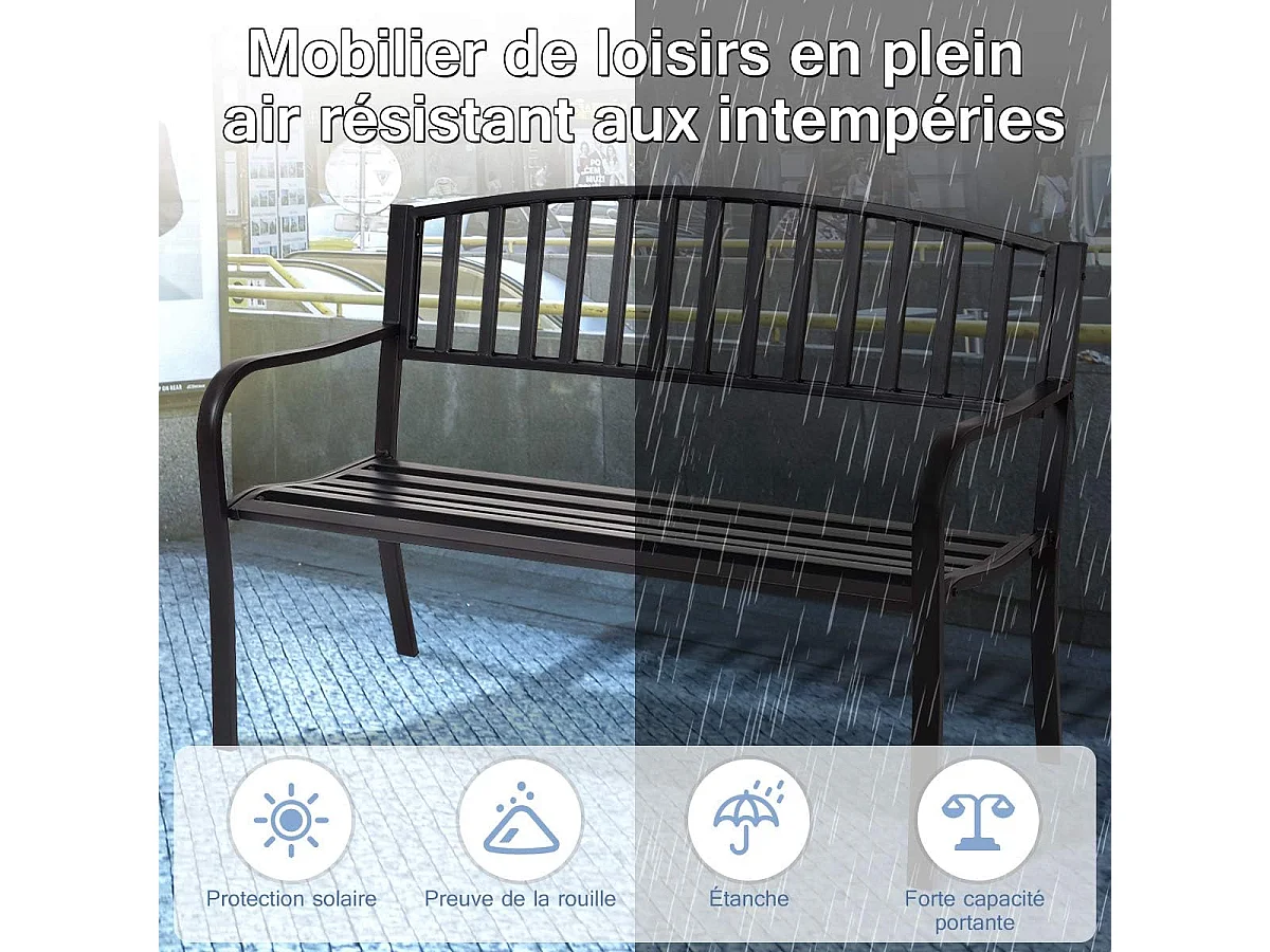 Banc de Jardin Extérieur 3 Personnes Cadre en Métal Charge 240KG pour Pelouse, Terrasse, Véranda, Cour, 127 x 60 x 87CM