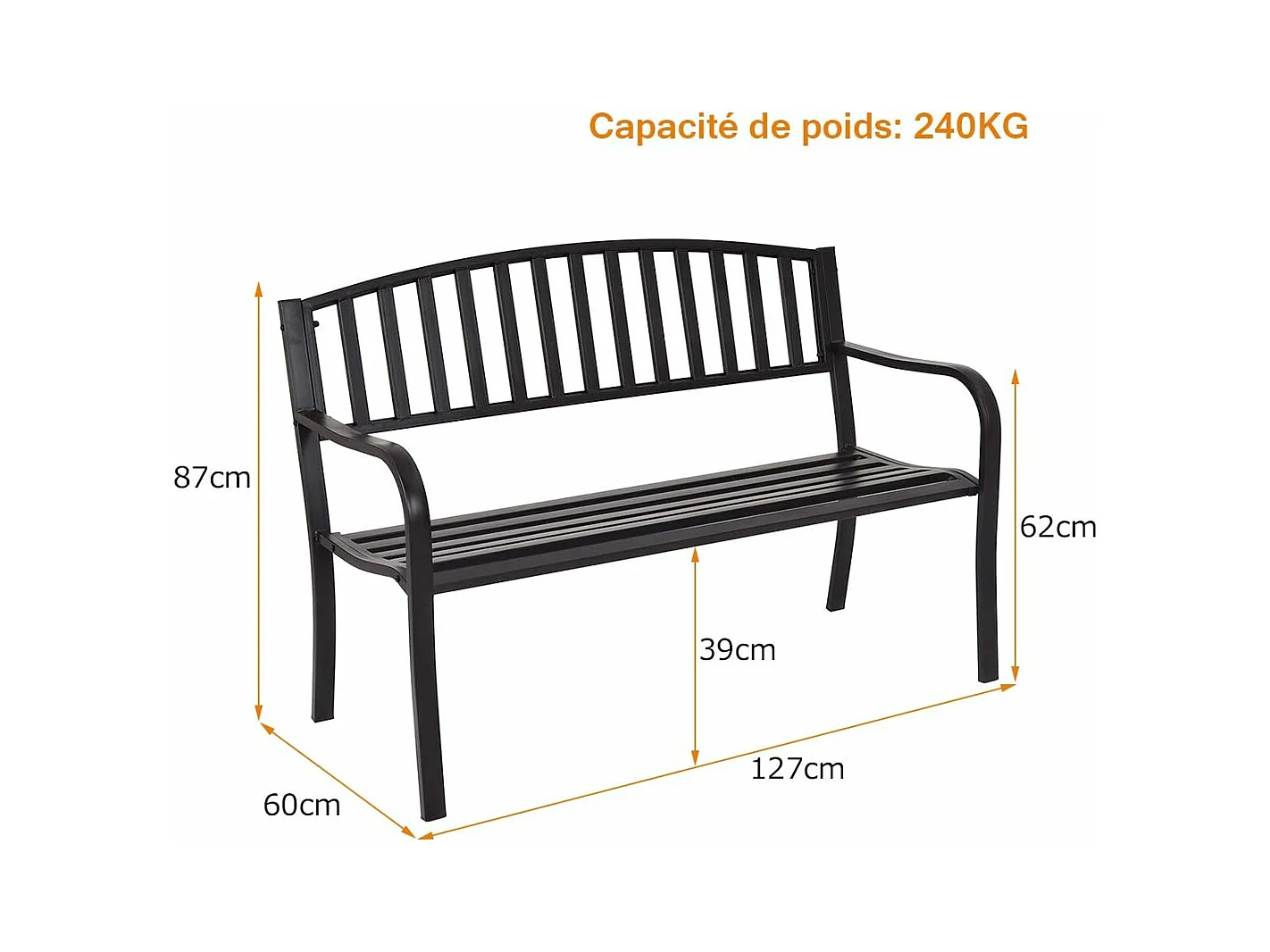 Banc de Jardin Extérieur 3 Personnes Cadre en Métal Charge 240KG pour Pelouse, Terrasse, Véranda, Cour, 127 x 60 x 87CM