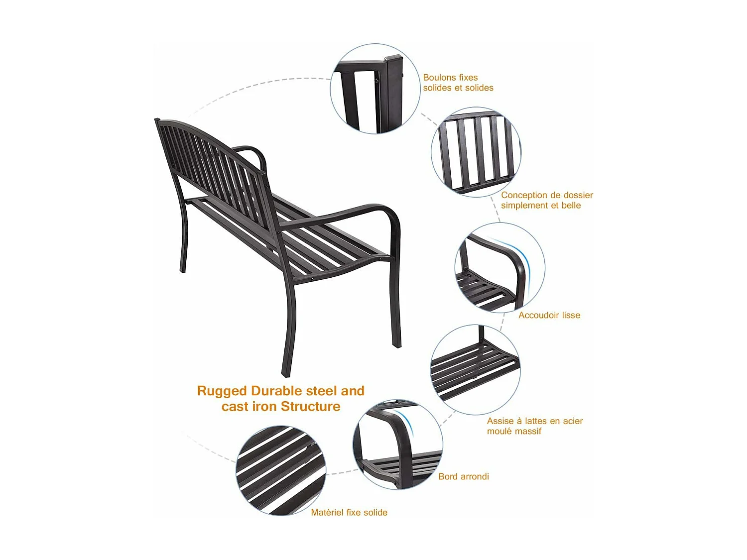 Banc de Jardin Extérieur 3 Personnes Cadre en Métal Charge 240KG pour Pelouse, Terrasse, Véranda, Cour, 127 x 60 x 87CM
